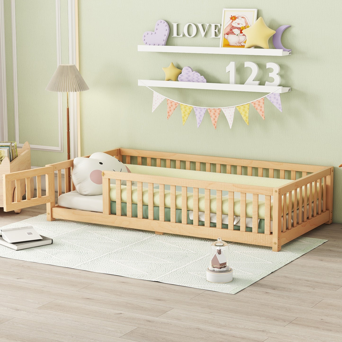 SESSLIFE Twin Size Floor Bed with Fence and Door, Wood Toddler Bed with Safety Guardrails and Slats, Montessori Bed, Twin Bed Frame for Kids, Boys, Girls, No Box Spring Needed, White