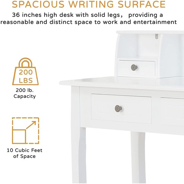 SESSLIFE Wood Desk with Storage, Computer Desk with 4 Drawers and Detachable Tabletop, White Writing Desk for Home Office, Bedroom Vanity Desk for Girls, Student Kids Study Desk