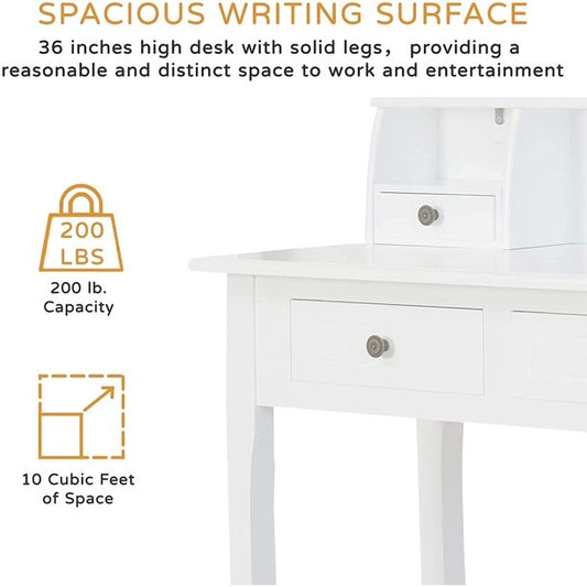 SESSLIFE Wood Desk with Storage, Computer Desk with 4 Drawers and Detachable Tabletop, White Writing Desk for Home Office, Bedroom Vanity Desk for Girls, Student Kids Study Desk