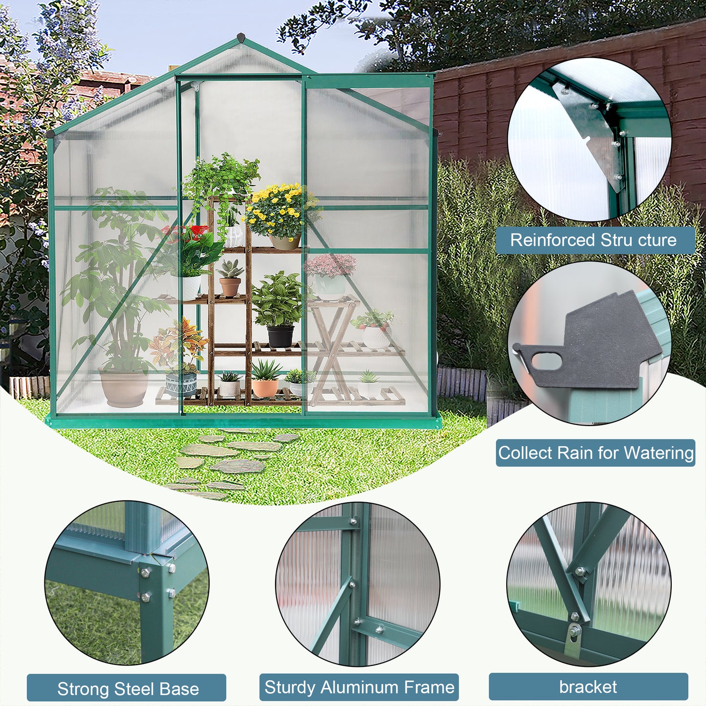 Walk in Greenhouse, Garden Greenhouse for Outdoors, Upgraded Polycarbonate Plant Greenhouse with Sliding Door, Adjustable Roof Ven