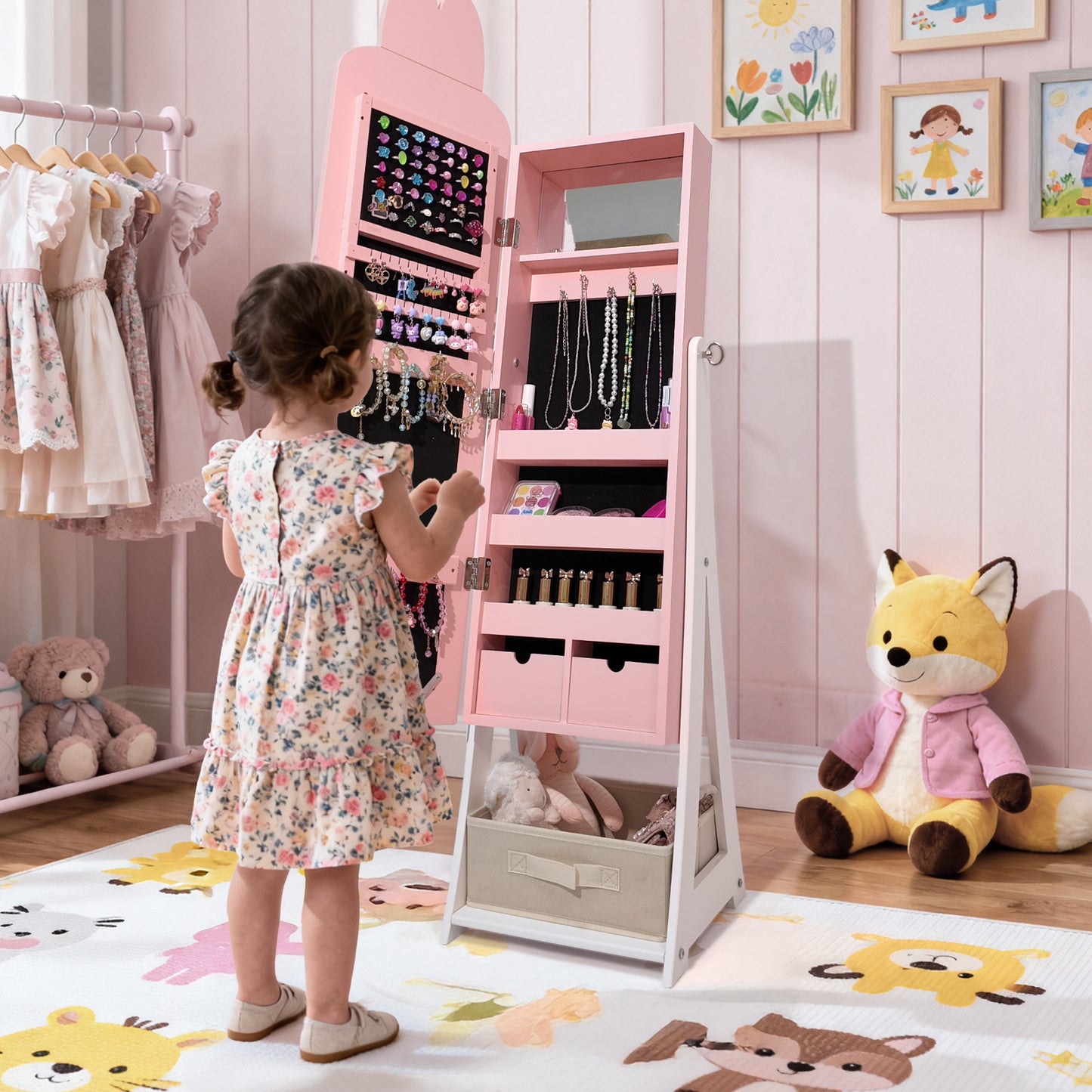 SESSLIFE Pink Vanity Mirror Storage Cabinet, Bunny Accent Makeup Mirror with Door and Fabric Drawer, Slim Jewelry Organizer for Bedroom, MDF Finish
