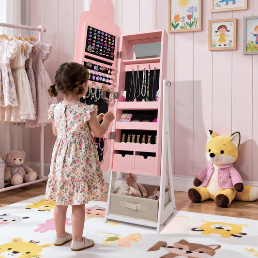 SESSLIFE Pink Vanity Mirror Storage Cabinet, Bunny Accent Makeup Mirror with Door and Fabric Drawer, Slim Jewelry Organizer for Bedroom, MDF Finish