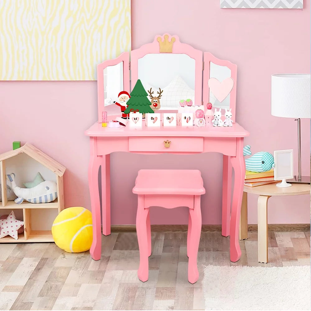 Kids Princess Vanity Table and Chair Set, Kids Vanity Set with Mirror, Pink Makeup Dressing Table for Girls Age 4-9