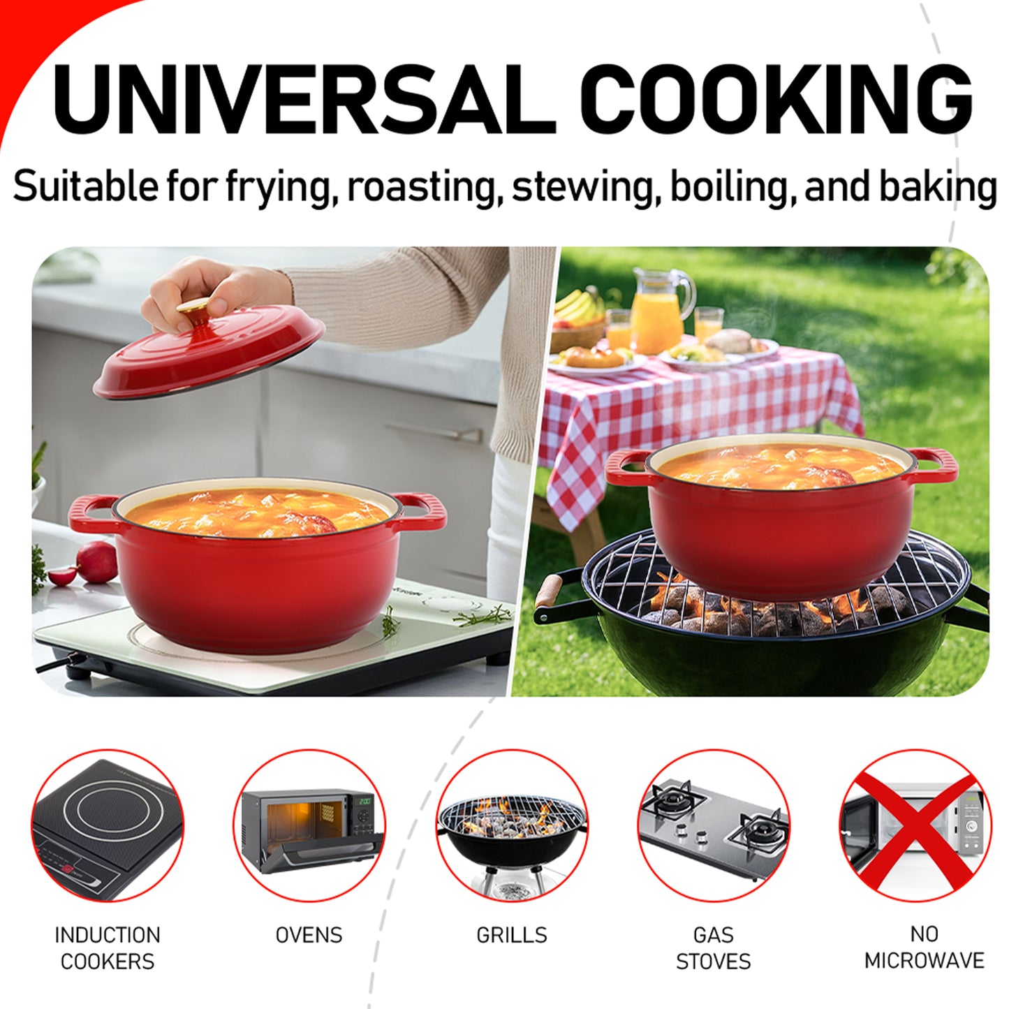 SESSLIFE 5QT Enameled Cast Iron Dutch Oven with Lid and Silicone Gloves for Bread Baking, 3-4 People, Gradient Red