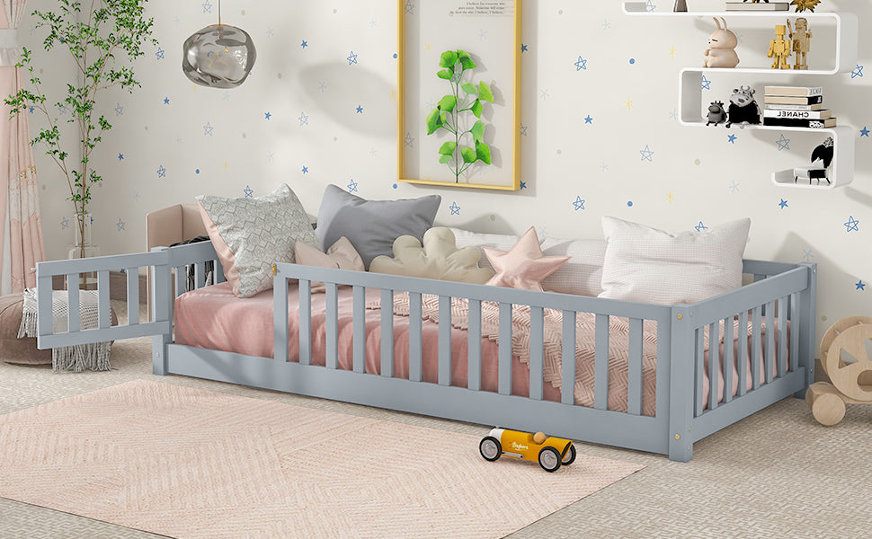 Sesslife Twin Size Floor Bed with Door and Fence, Wood Floor Platform Bed with Slats, Toddler Bed for Kids Boys Girls, Montessori Bed, No Box Spring Needed, Grey