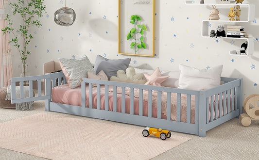 Sesslife Twin Size Floor Bed with Door and Fence, Wood Floor Platform Bed with Slats, Toddler Bed for Kids Boys Girls, Montessori Bed, No Box Spring Needed, Grey