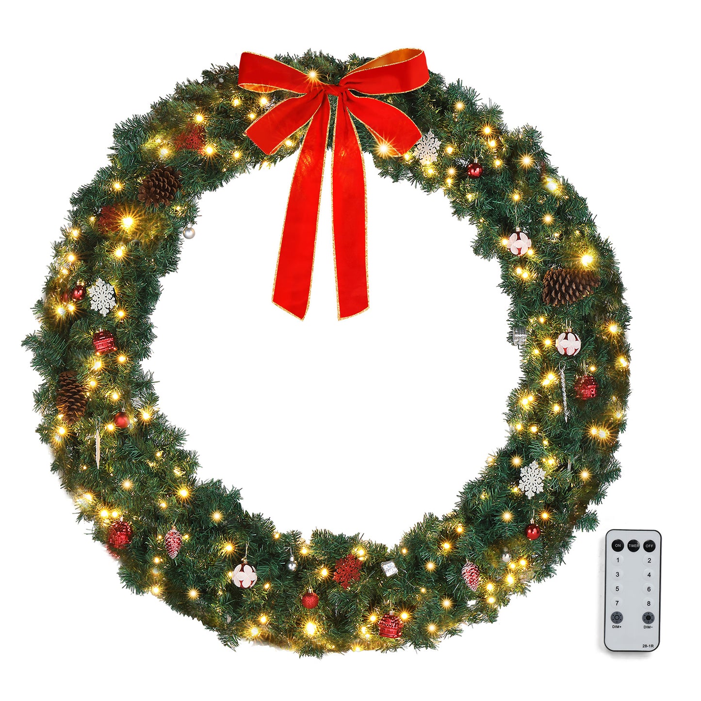 SESSLIFE 48in Pre-Lit Christmas Wreath with Lights and Red Bow, Large Artificial Wreath with 450 Branches, Battery Operated for Easy Setup, Ideal for Mantle and Wall Decor