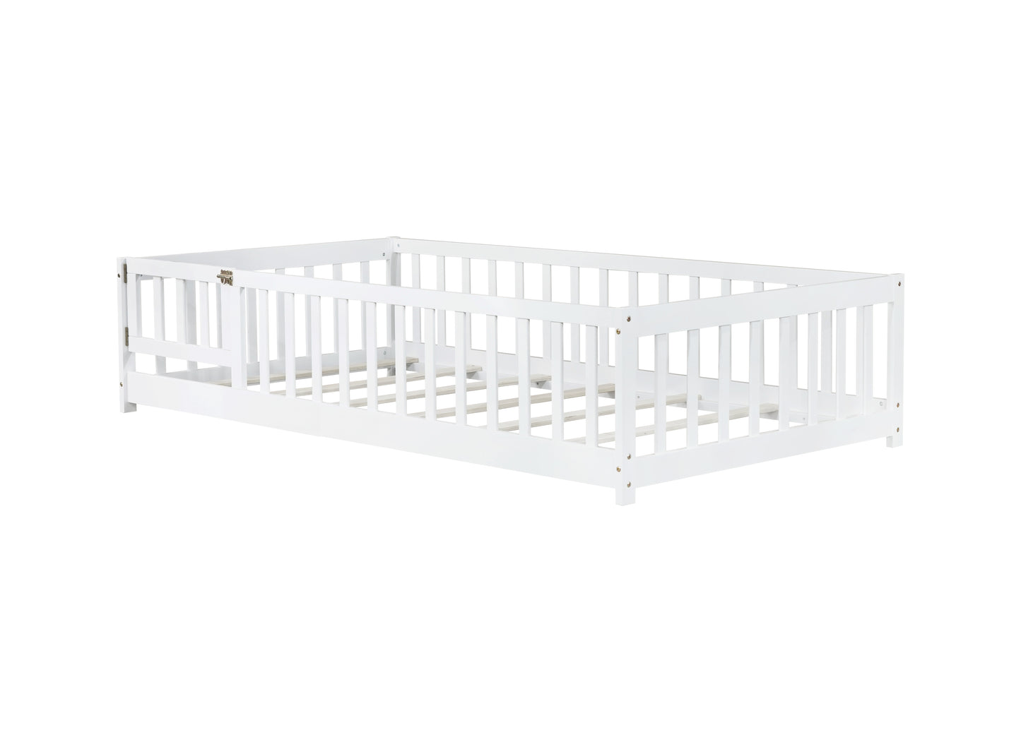Sesslife Twin Size Floor Bed with Door and Fence, Wood Floor Platform Bed with Slats, Toddler Bed for Kids Boys Girls, Montessori Bed, No Box Spring Needed, Grey