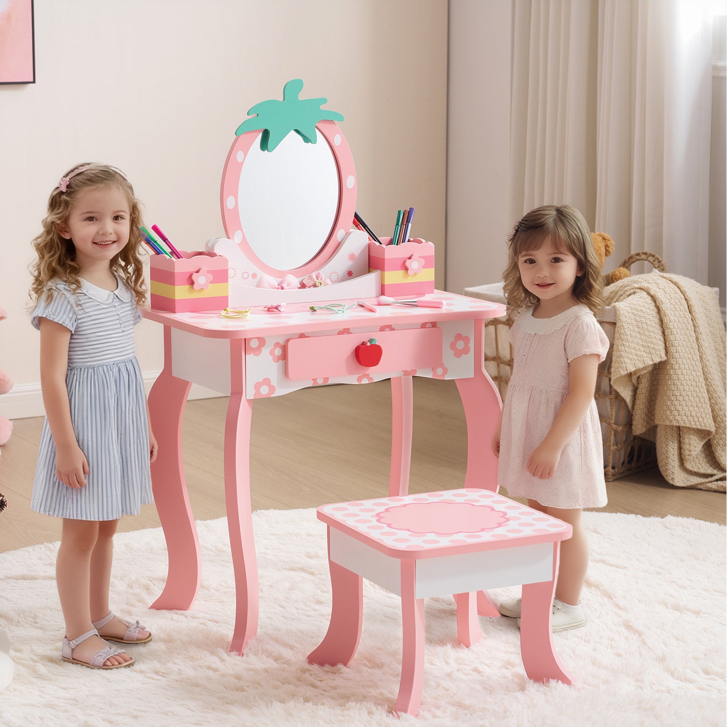 SESSLIFE Vanity Desk Set with Drawers and Storage, Compact Dressing Table Organizer for Bedroom, Pink Makeup Vanity Table, Cute Apple Accent