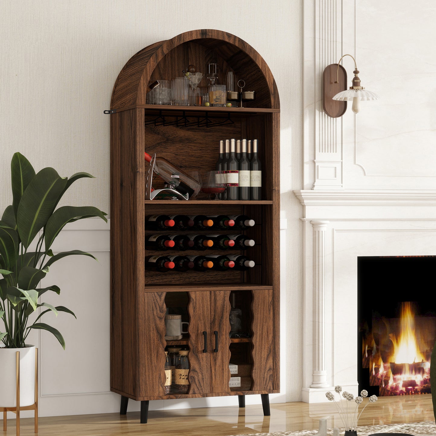 SESSLIFE 71 Inch Pantry Cabinet with Wine Rack and Glass Holder, Arched Black Design for Coffee Bar and Whiskey Corner, Freestanding Storage for Dining Room, Brown Oak
