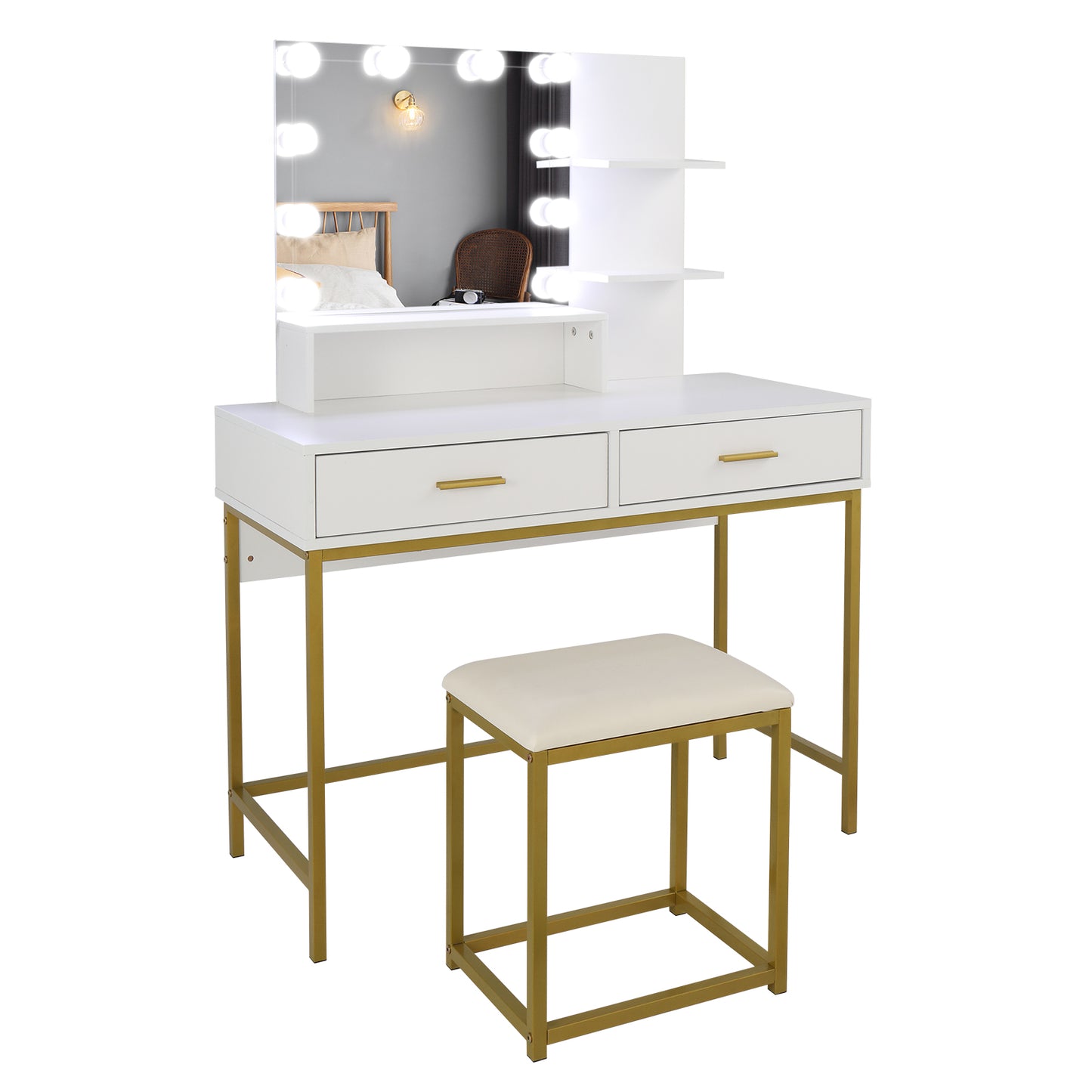 SESSLIFE Makeup Vanity Set with Mirror and Lights, White Makeup Vanity with Drawers and Storage, Hollywood Lighted Dressing Table with Stool, Vanity Desk for Women