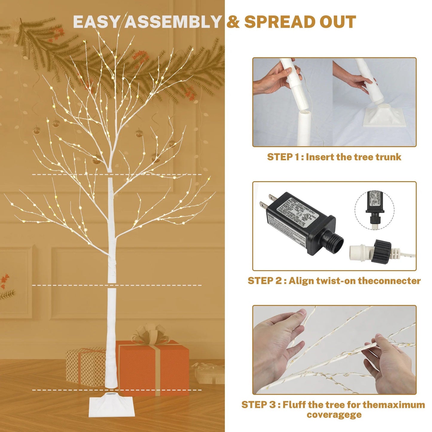 SESSLIFE 3pc Birch Christmas Tree Set, 4/5/6 FT Pre-lit Christmas Trees, Indoor Outdoor Christmas Trees for Home Party Office, White