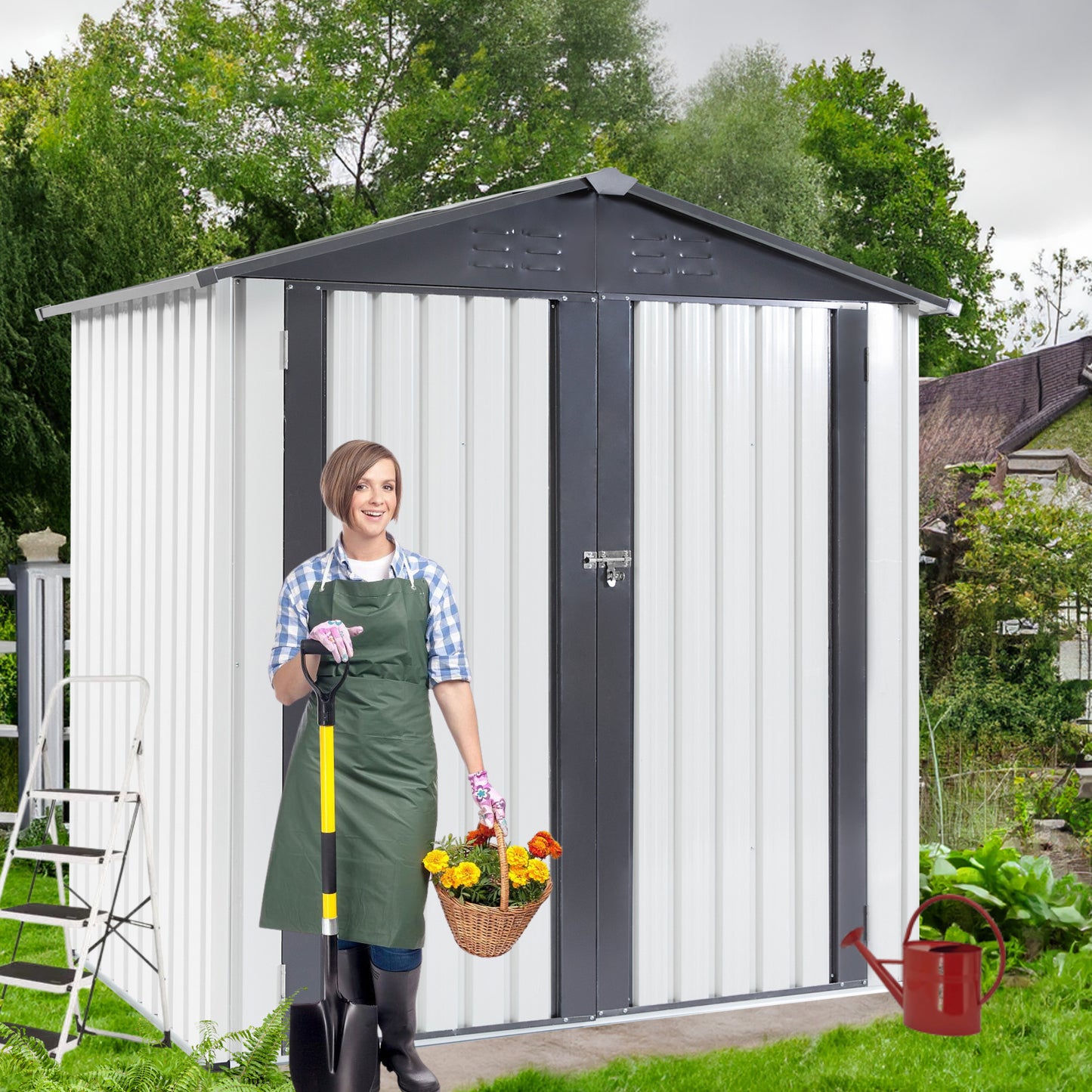 Outdoor Storage Shed, SESSLIFE 6ft x 4ft Galvanized Metal Storage Shed with Lockable Door for Garden Backyard Patio Lawn