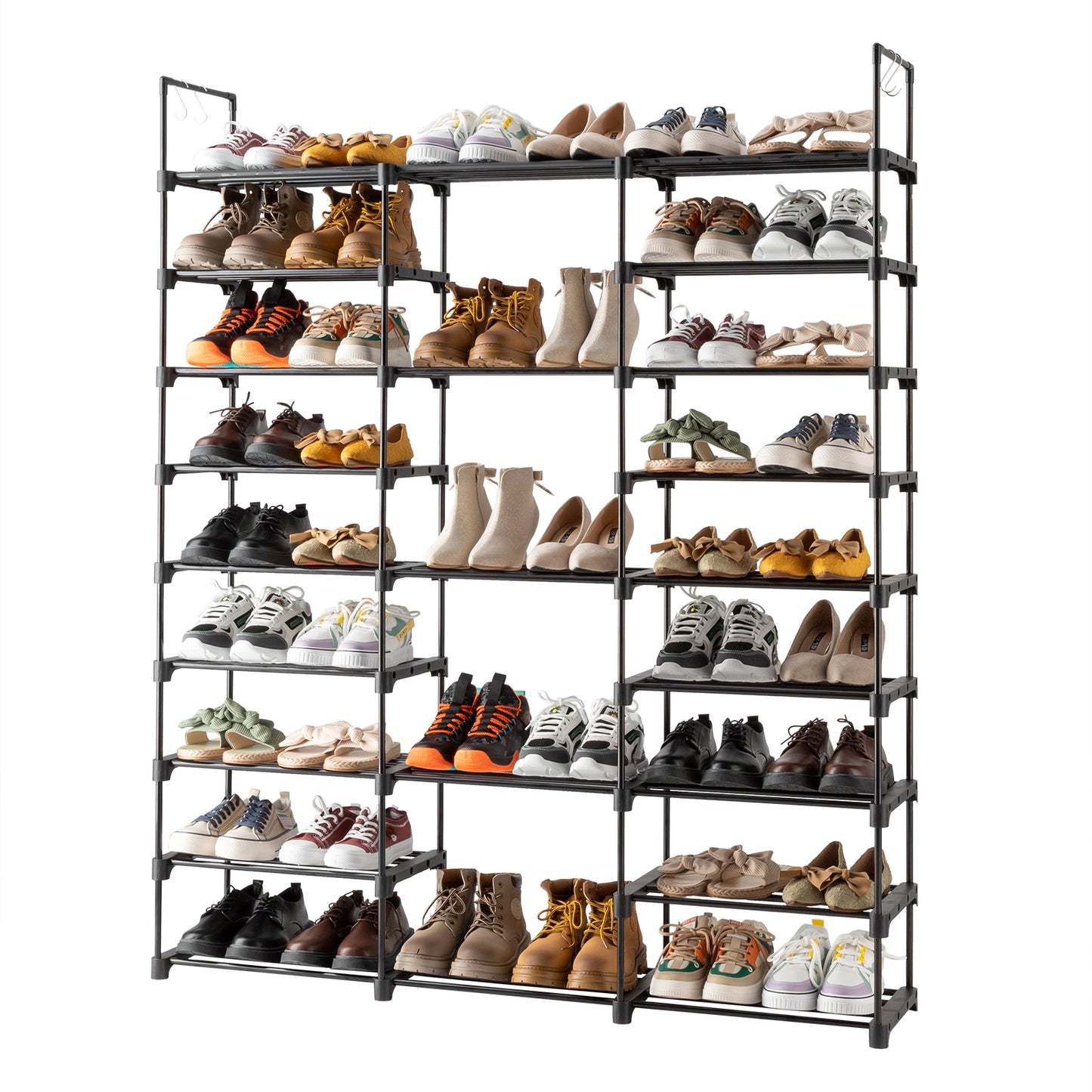 Sesslife 9 Tier Shoe Rack Organizer for Entryway 50-55 Pairs, DIY Stackable Shoe Rack for Closet Shoe Organizer with Sturdy Shelves and 4 Hooks, Metal Shoe Shelf Closet Organizer, Black