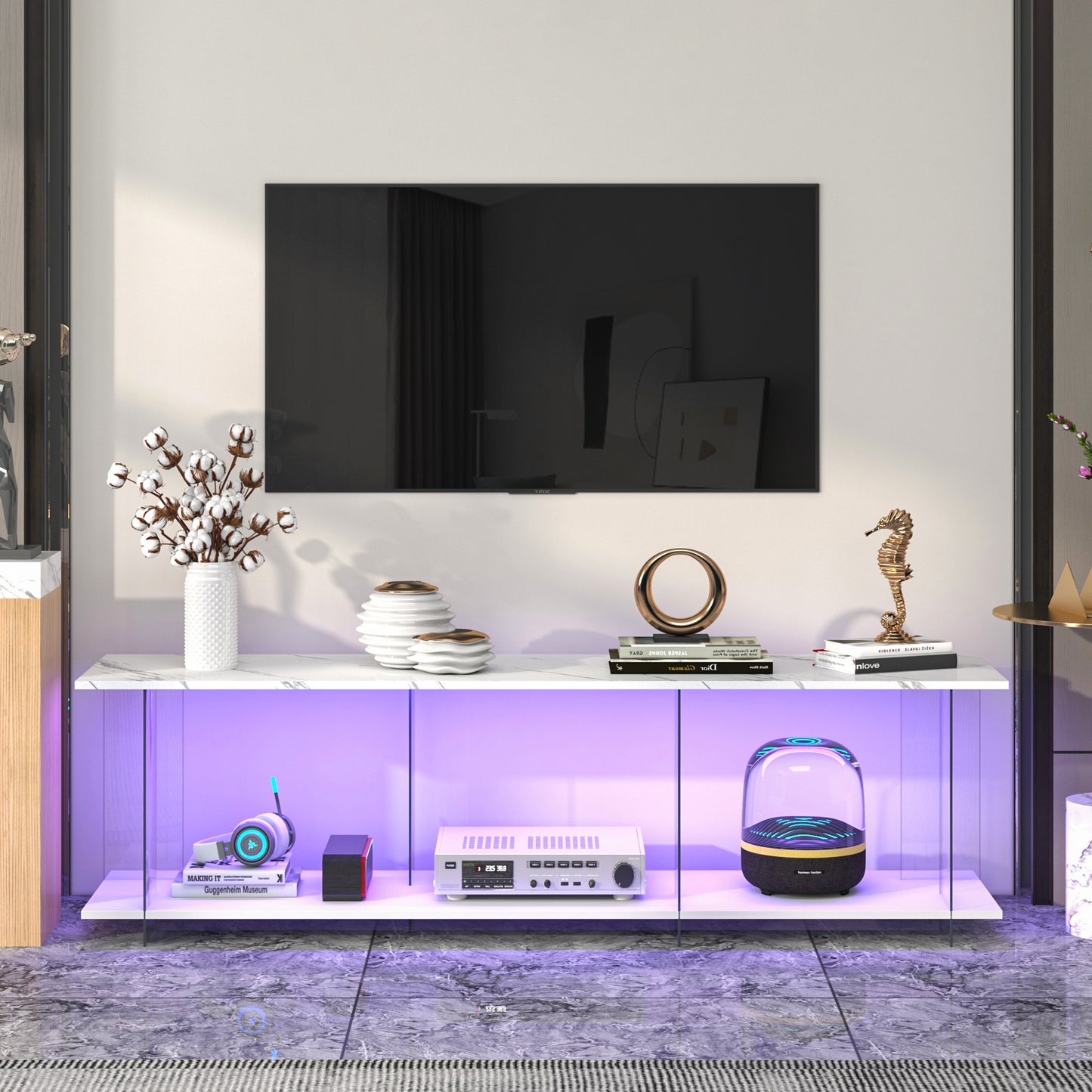 PORKISS TV Stand for TVs up to 70", Entertainment Center with LED, TV Console Cabinet with Shelves, Faux Marble Beige