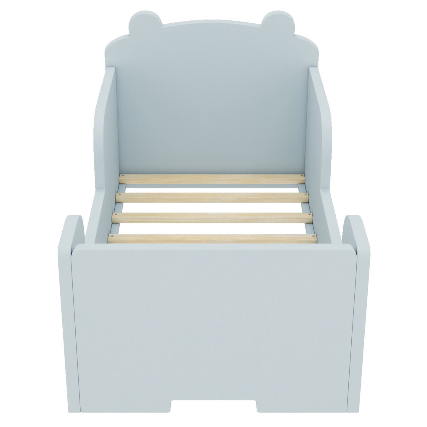 Toddler Floor Bed, Wood Toddler Bed Frame with Bear Shape Headboard, Slats and Safety Guardrails, Montessori Bed for Boys Girls Kids Bedroom, Crib Bed for Ages 3-6, Baby Blue