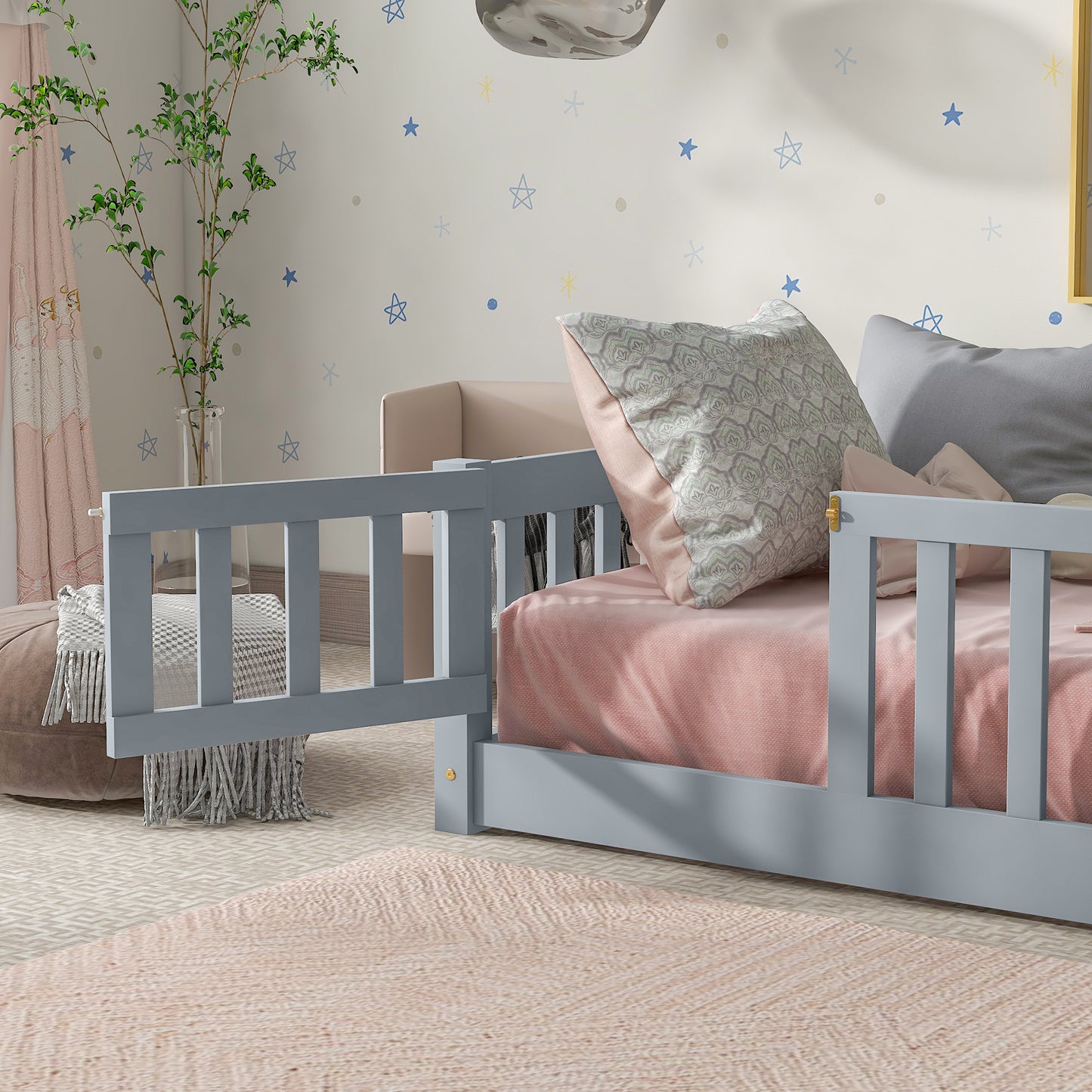Sesslife Twin Size Floor Bed with Door and Fence, Wood Floor Platform Bed with Slats, Toddler Bed for Kids Boys Girls, Montessori Bed, No Box Spring Needed, Grey
