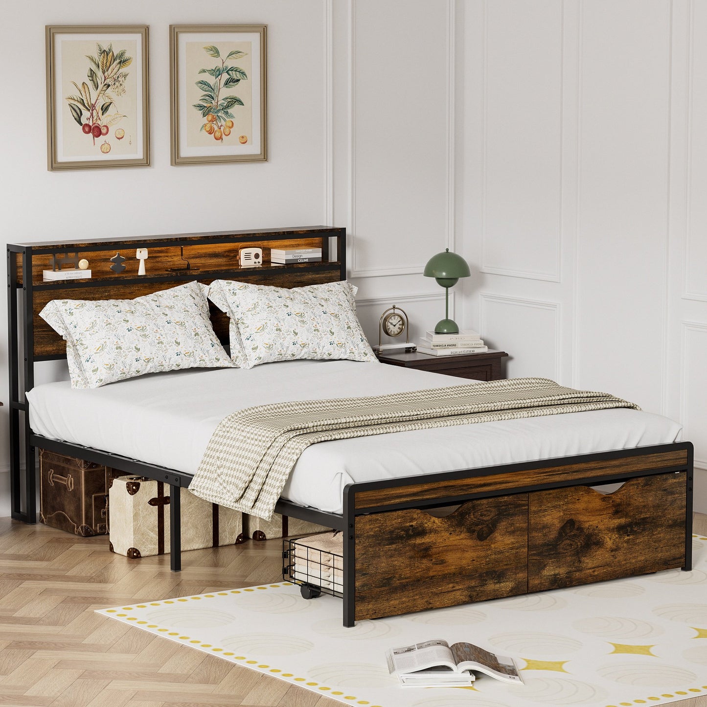 Sesslife LED Full Bed Frame with Wood Storage Headboard and Power Charging Station, Industrial Metal Platform Bed Full Size with 2 Drawers and Underbed Storage, No Box Spring Needed, Brown
