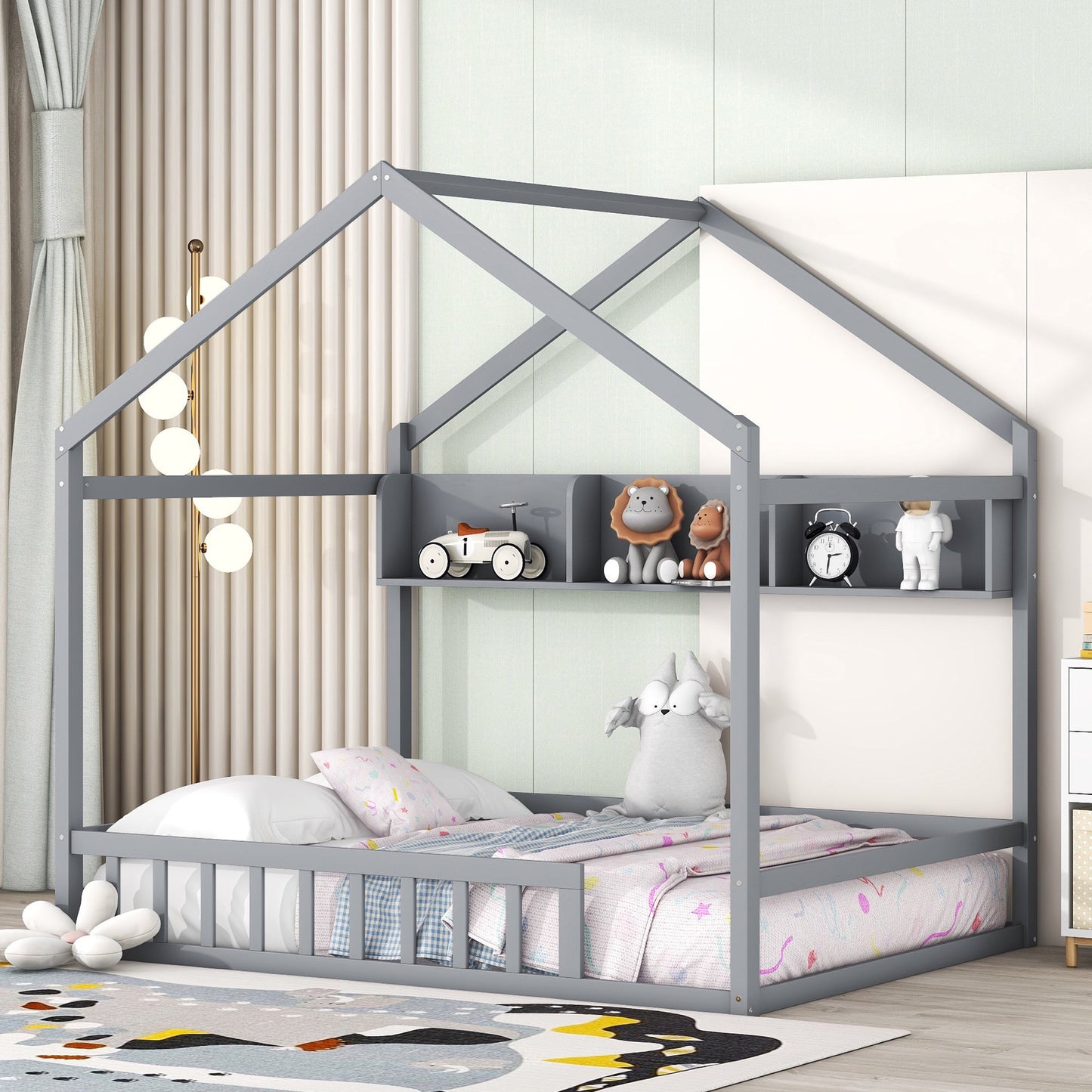 Sesslife Twin House Bed with Storage Shelves, Sturdy Floor Bed Frame with Fence and Roof for Bedroom Kids Room, Cute Wooden Twin Size Platform Kids Bed for Boys Girls, No Box Spring Needed, White