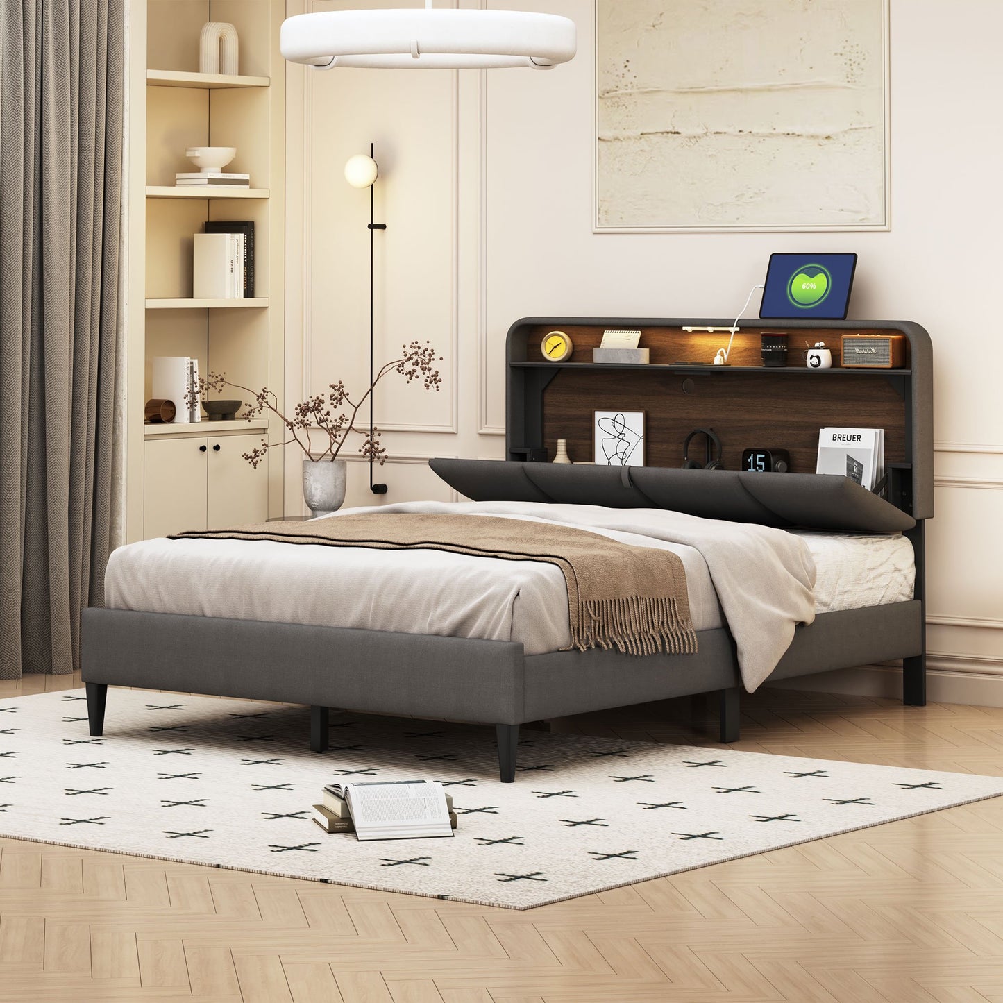 Sesslife Full Size Bed Frame with 2-Tier Hidden Storage Headboard, Upholstered Platform Bed with Sensor Light and Charging Station, Strong Wood Slats Support, No Spring Box Needed, Gray