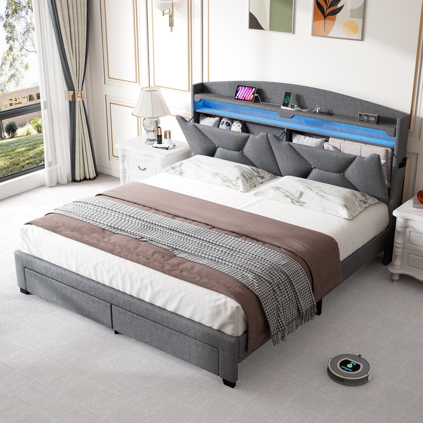 Sesslife Full Size Bed Frame with LED Storage Headboard, Upholstered Platform Bed with 2 Drawers, Charging Station and Side Pocket, Strong Wooden Slats Support, No Spring Box Needed, Beige