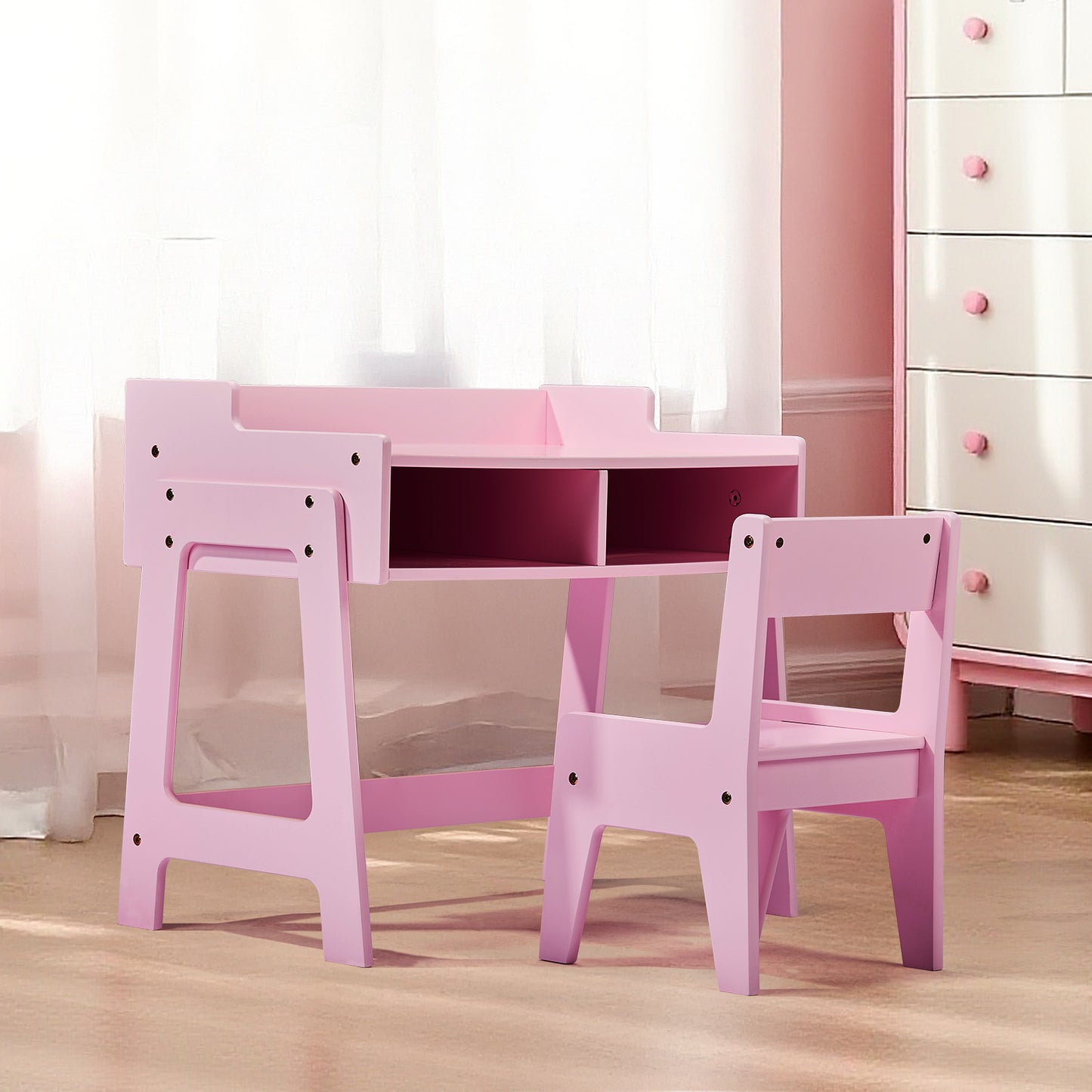 SESSLIFE Study Desk and Chair Set, Compact White Learning Table with Storage Cubby, Safe Rounded Edge Design, Space-Saving Furniture for Home, Pink