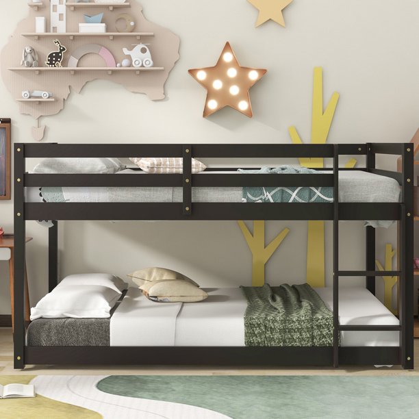 Sesslife Twin Over Twin Bunk Bed with Ladder, Solid Wood Floor Bunk Bed Frame with Slat & Guardrail, Espresso Platform Bed for Boys Girls Bedroom