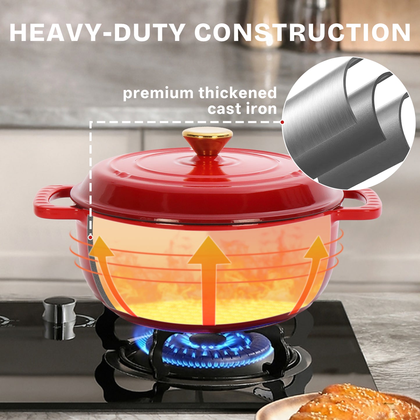 SESSLIFE 5QT Enameled Cast Iron Dutch Oven with Lid and Silicone Gloves for Bread Baking, 3-4 People, Gradient Red