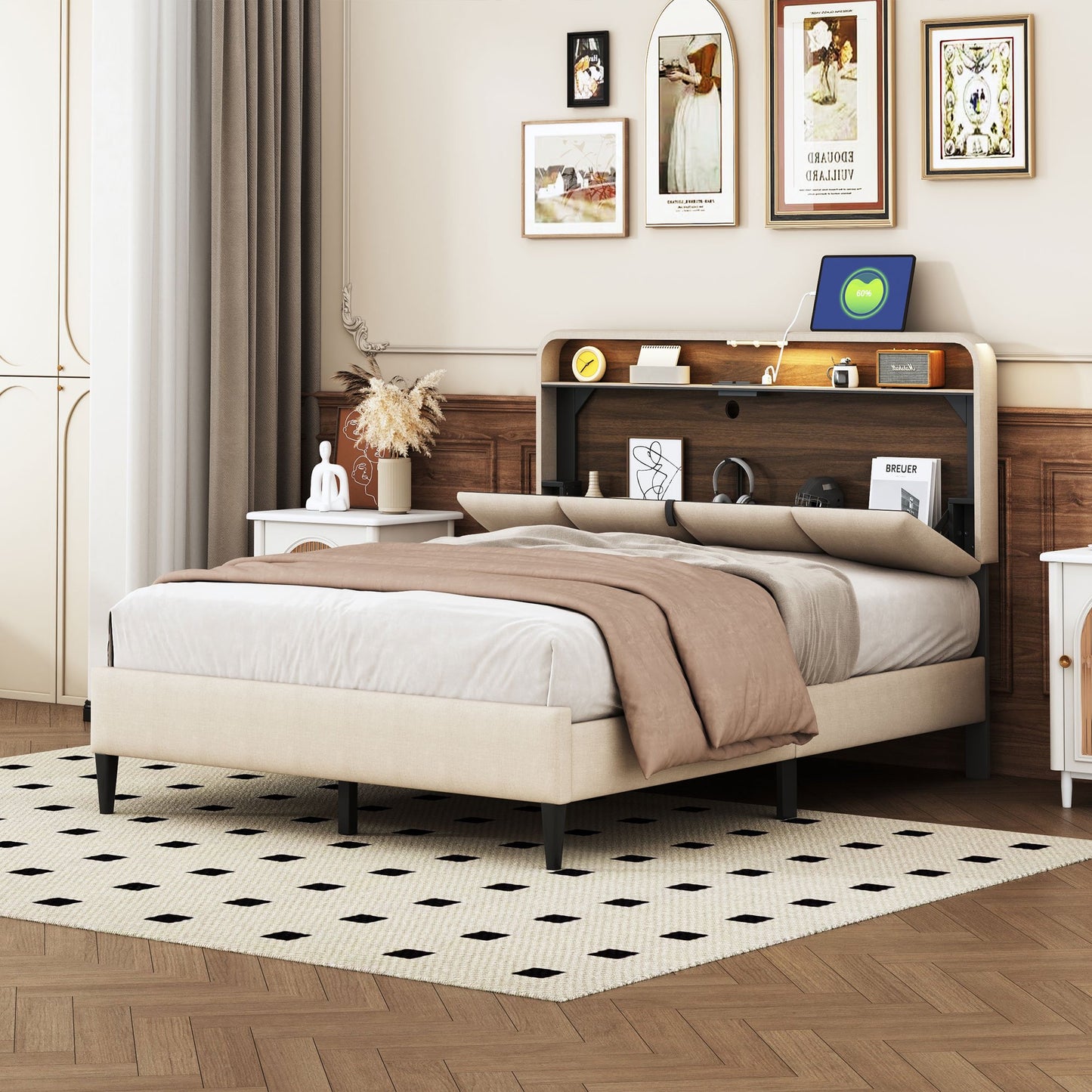 Sesslife Full Size Bed Frame with 2-Tier Hidden Storage Headboard, Upholstered Platform Bed with Sensor Light and Charging Station, Strong Wood Slats Support, No Spring Box Needed, Gray