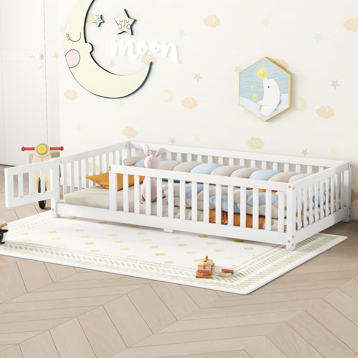 SESSLIFE Twin Size Floor Bed with Fence and Door, Wood Toddler Bed with Safety Guardrails and Slats, Montessori Bed, Twin Bed Frame for Kids, Boys, Girls, No Box Spring Needed, White