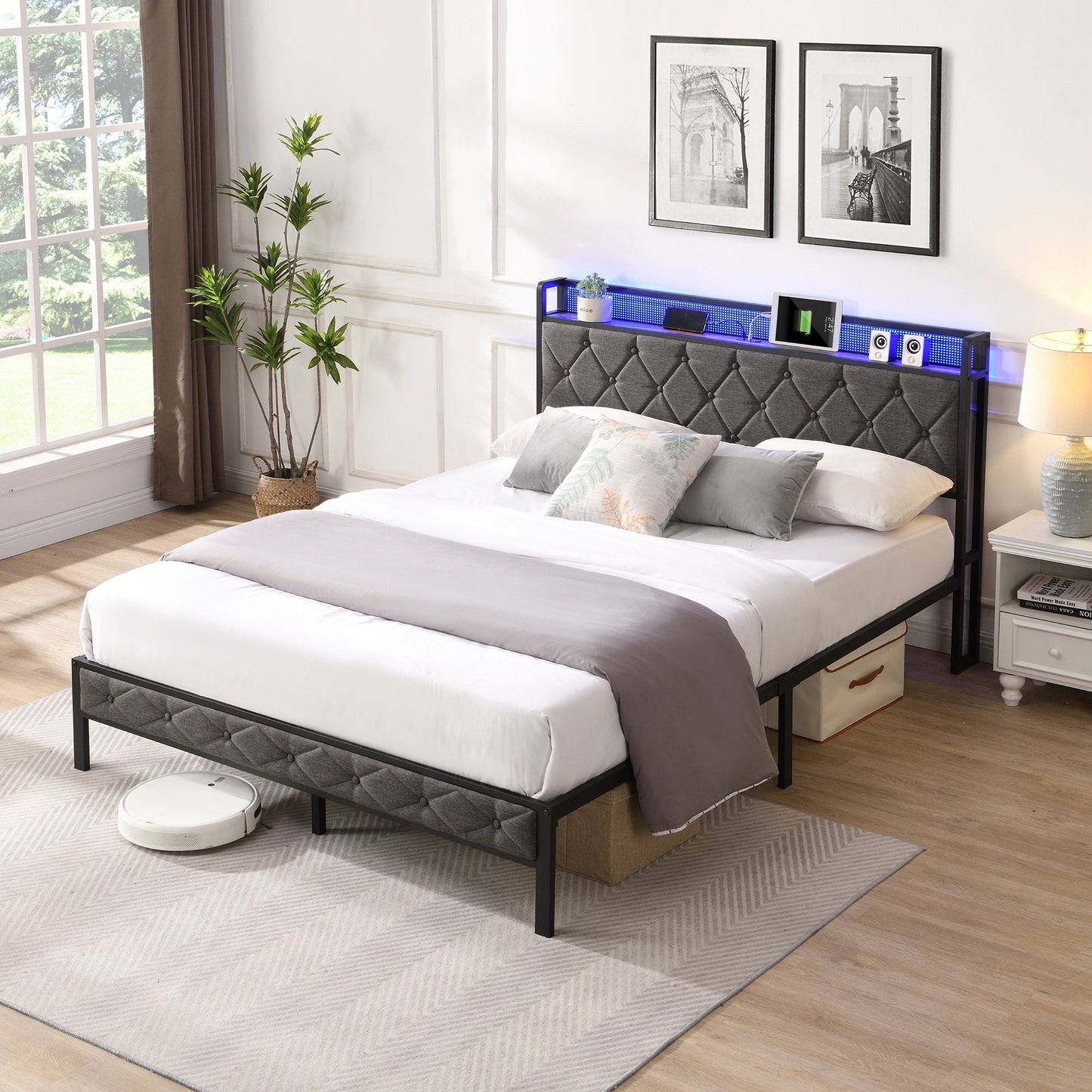 Sesslife LED Full Bed Frame with Storage Headboard, Upholstered Platform Bed with Power Charging Station, and LED Light, Full Bed Frame with Underbed Storage, No Box Spring Needed, Gray