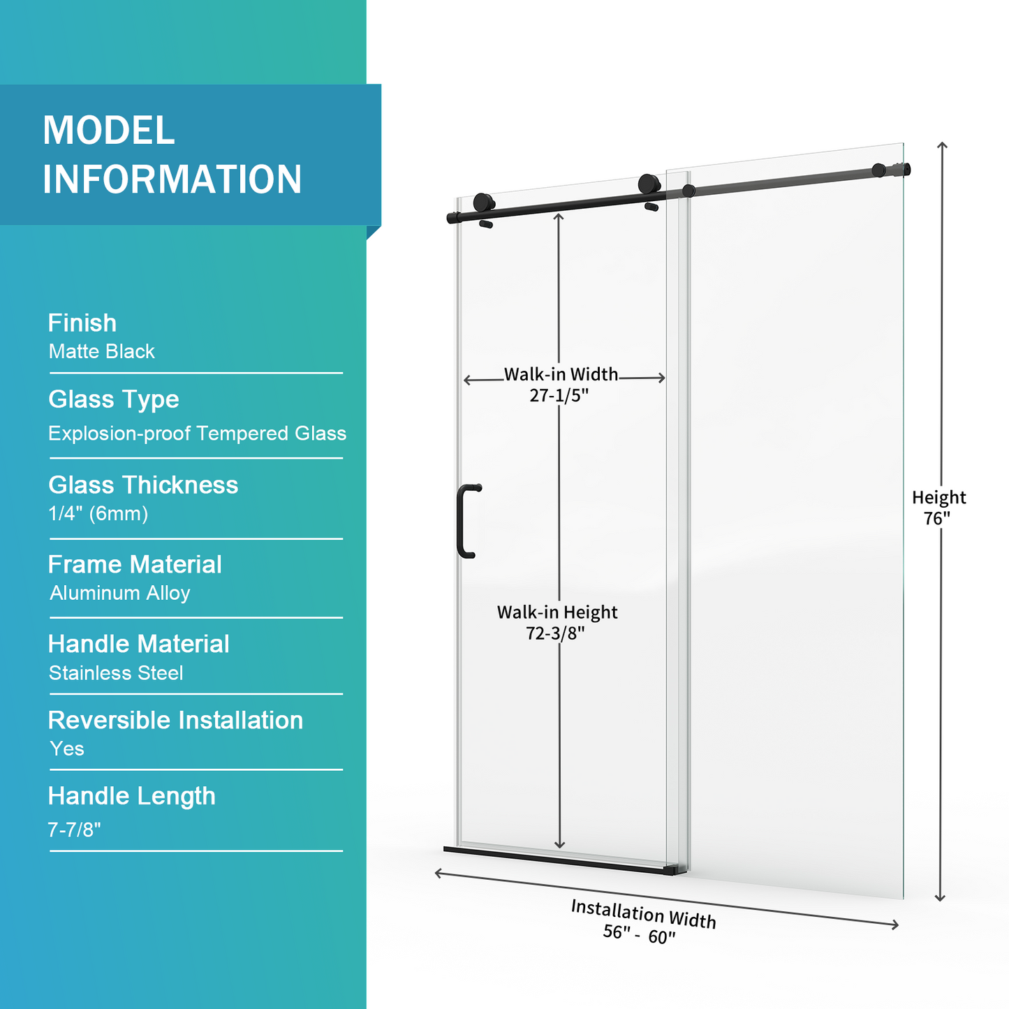 SESSLIFE 56–60"Wx76"H Frameless Sliding Shower Door, 1/4 Inch Adjustable Bathroom Doors with Tempered Glass, Anti-Leak Seal for Walk-in Shower, Black