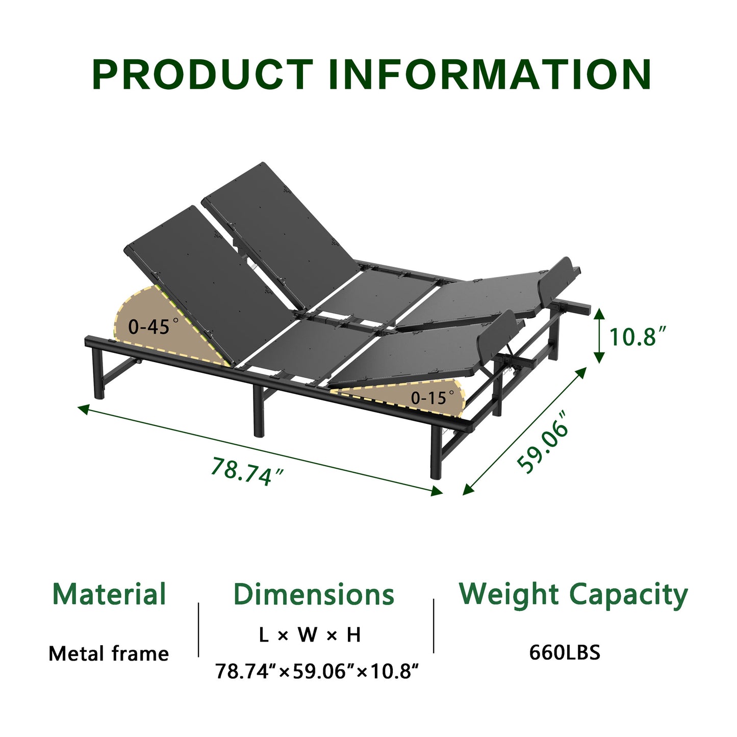 Power Adjustable Bed Base Frame, Metal Electric Bed Frame with Independent Head and Foot Incline, Modern Adjustable Platform Bed with Wired Control, Zero Gravity, Easy Assembly