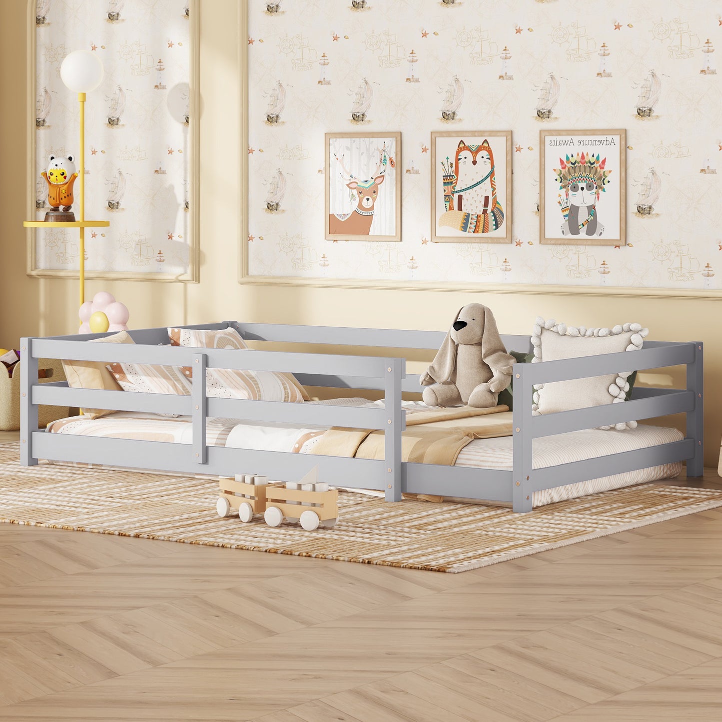 Twin Size Floor Bed, Wood Montessori Floor Bed with Fence and Guardrails, Toddler Bed Frame for Kids, Boys, Girls, No Box Spring Needed, White