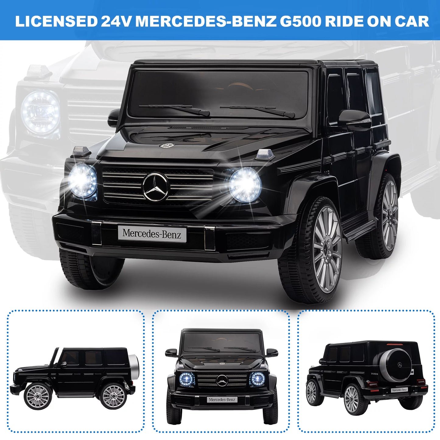 24V Ride on Toys for Kids, Mercedes-Ben G500 Battery Powered Ride on Cars with Remote Control, Music Player, Bluetooth, USB, LED Light, 3 point Safety Belt, Electric car for Kids Gift 3-6, Black