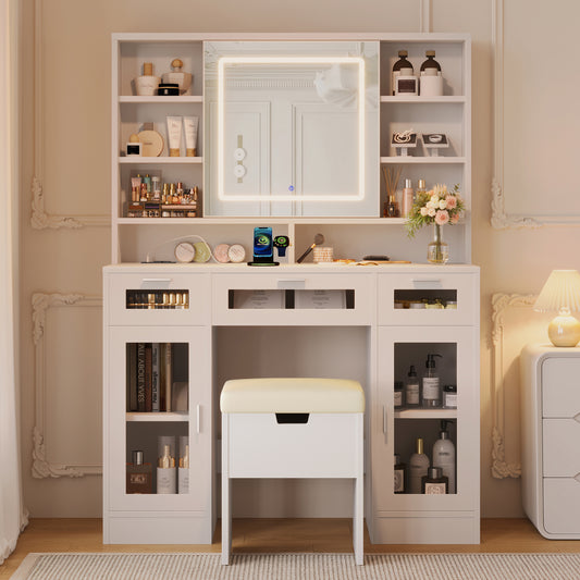 SESSLIFE Makeup Vanity Set with 3 Mode Lights and RGB Cabinet, 41.3" Dressing Table featuring a Sliding Mirror, Charging Station with AC/USB Ports, Multiple Storage Drawers, White