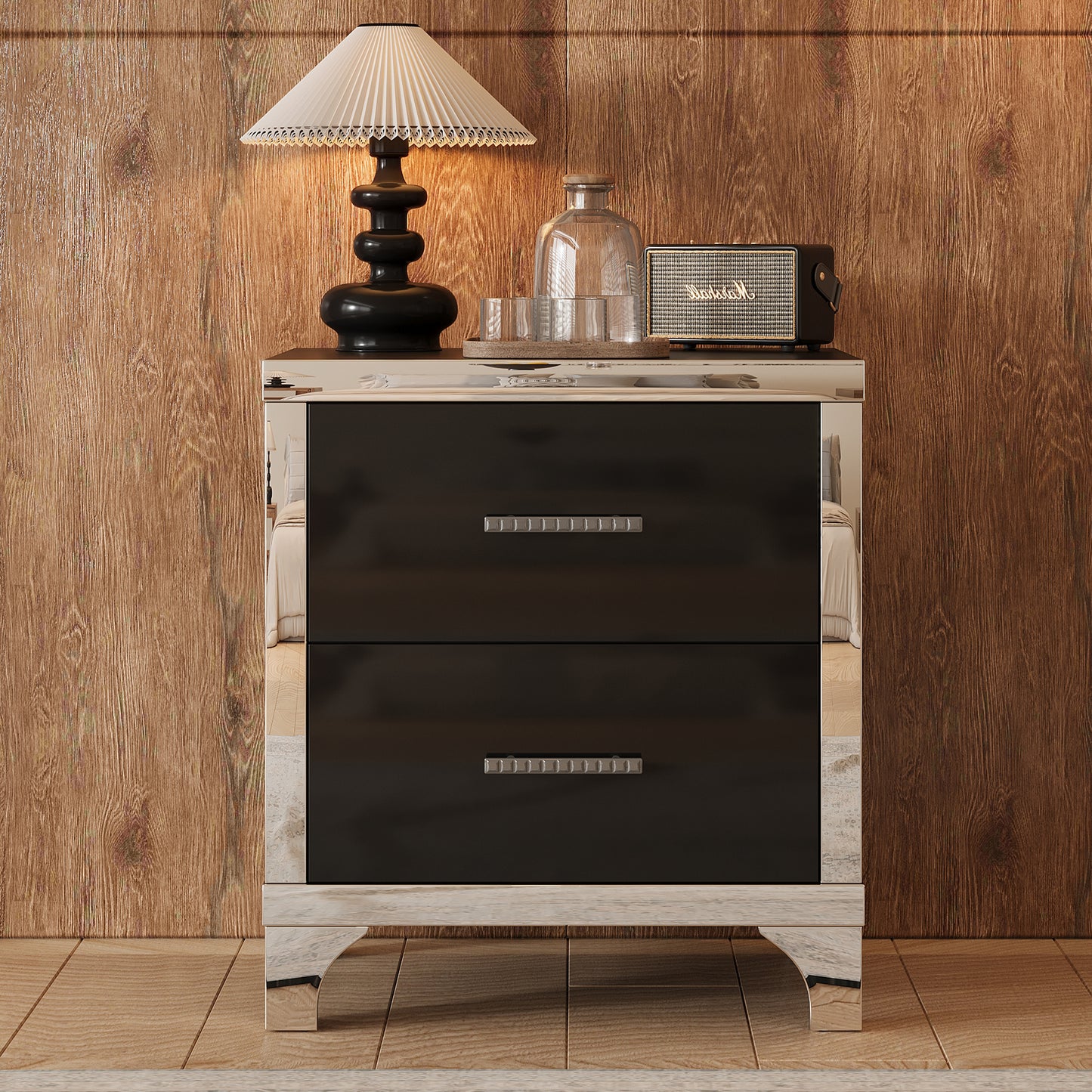 SESSLIFE Nightstand Modern High Gloss Design, Mirrored Bedside Table with 2 Drawers, Sturdy MDF Black Nightstand, Compact Side Table for Bedroom, Living Room and Apartment