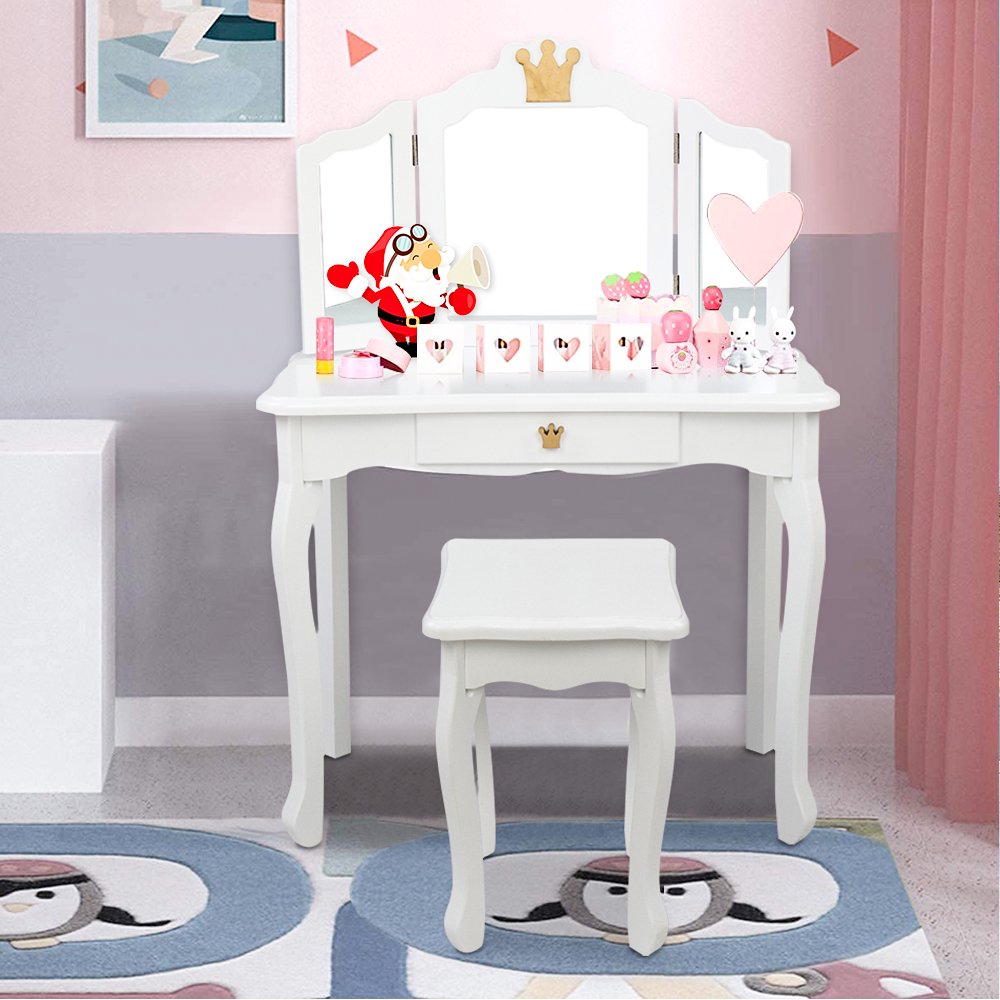 SESSLIFE Vanity Sets for Girls, White Vanity Play Set, Dressing Table Dresser Wooden Toy Makeup Vanity Table & Stool with 3 Foldable Mirror and a Drawer