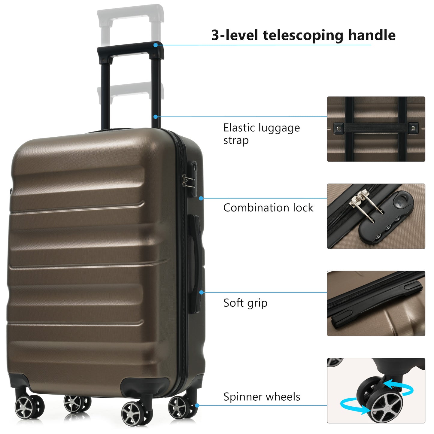 SESSLIFE 6 Piece Hardshell Luggage Set, Lightweight ABS Luggage with Spinner Wheels, 12" to 31" Carry On and Checked Luggage for Family Travel, Business Trips, Nestable Storage, Brown