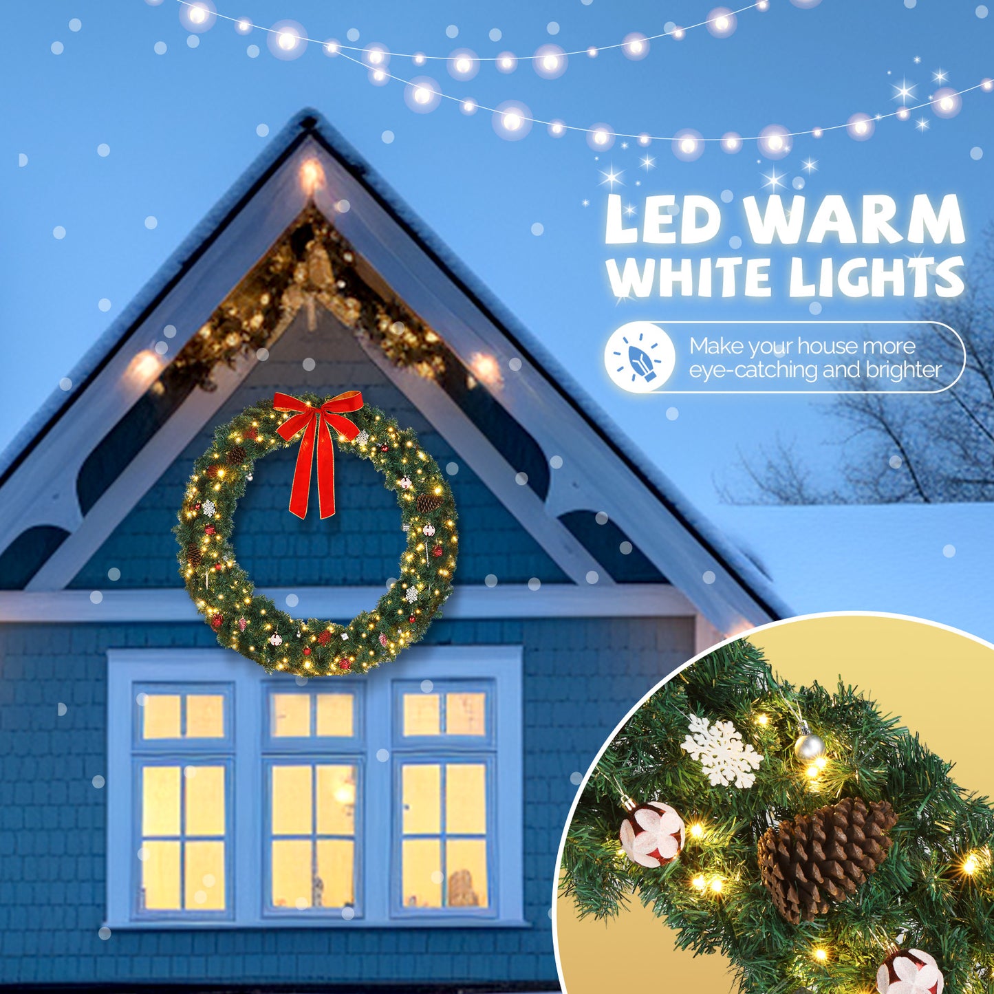 48inch Pre-Lit Christmas Wreath, SESSLIFE Large Outdoor Christmas Wreath with LED Lights, Large Bow and Remote Control, Full Outdoor Wreath for Front Door, Gate, Green
