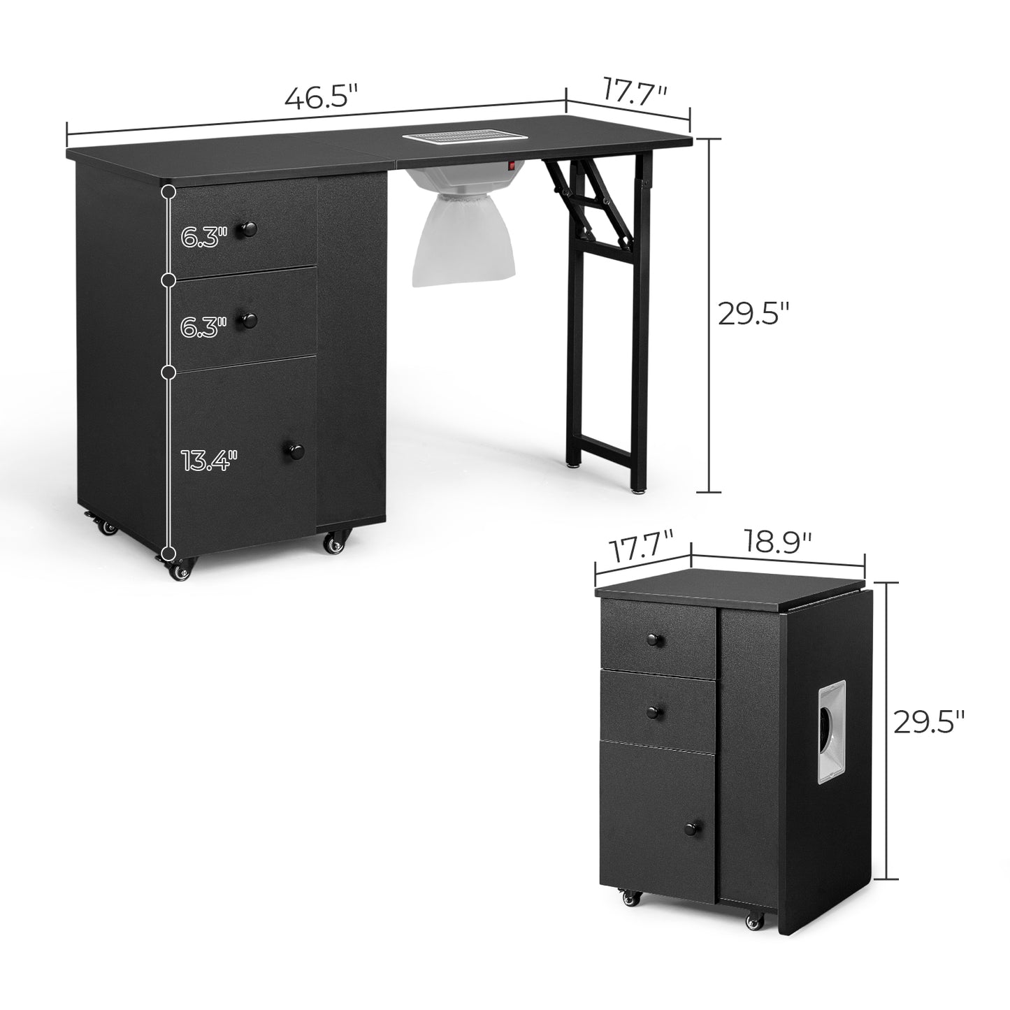 SESSLIFE Portable Nail Tech Table, Foldable Manicure Table with 2 Drawers and Cabinet, Mobile Nail Station on Wheels, Black MDF Nail Desk for Home Salon and Professional Use, Black