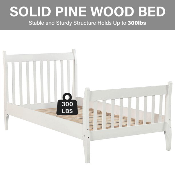 Twin Bed Frame No Box Spring Needed, Sesslife Wood Bed Frame with Headboard and Footboard, Pine Wood Construction, Twin Size Platform Bed Frame for Boys Girls, Easy to Assemble, White