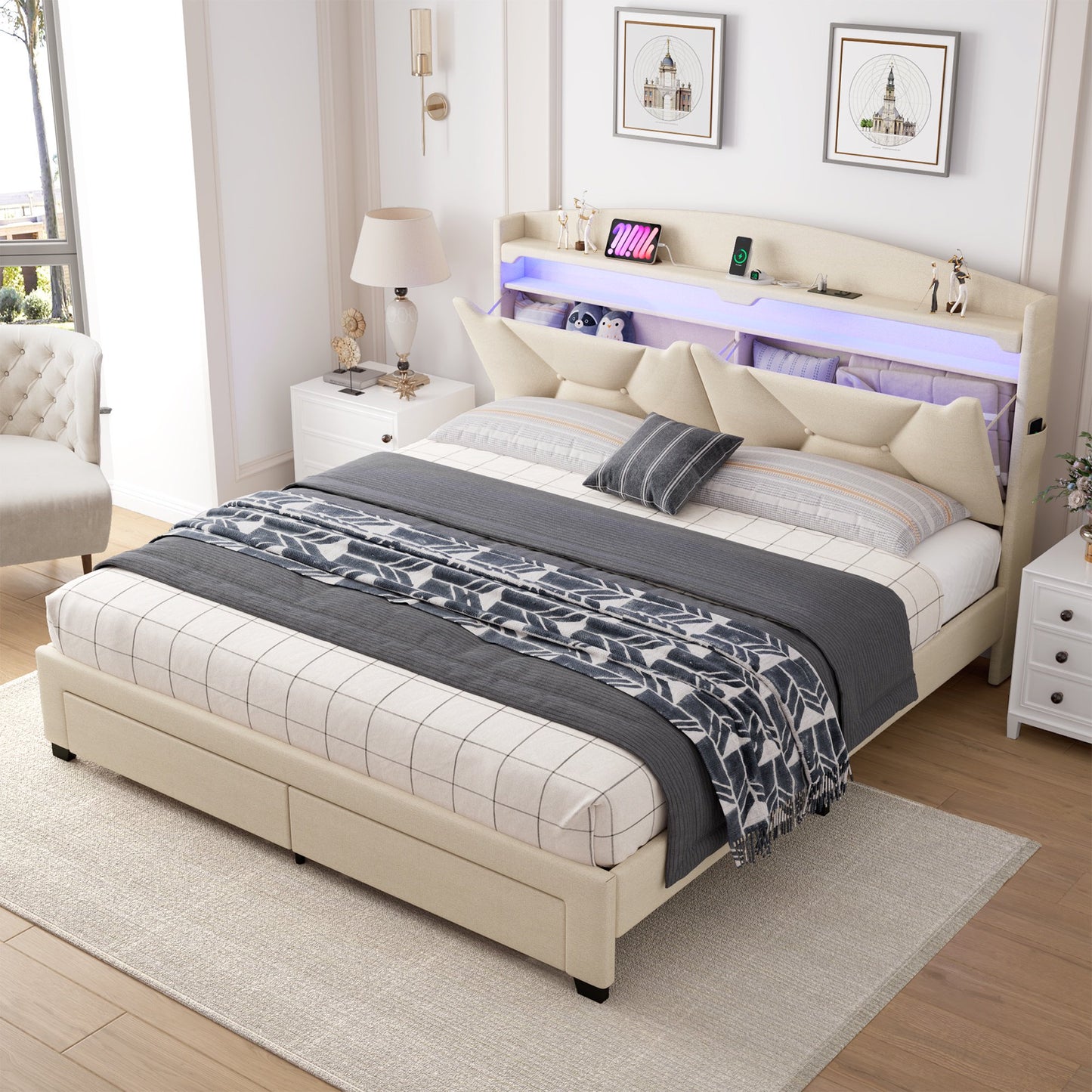 Sesslife Full Size Bed Frame with LED Storage Headboard, Upholstered Platform Bed with 2 Drawers, Charging Station and Side Pocket, Strong Wooden Slats Support, No Spring Box Needed, Beige
