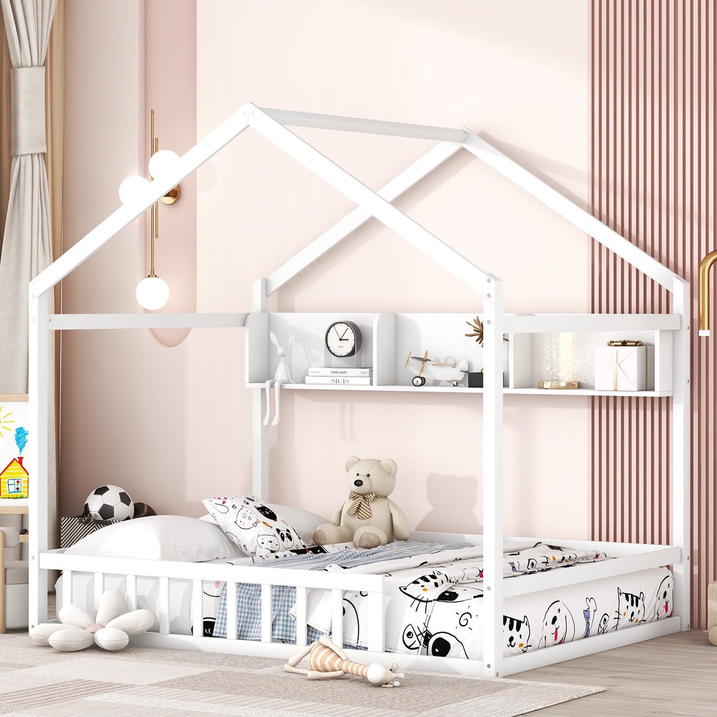 Sesslife Twin House Bed with Storage Shelves, Sturdy Floor Bed Frame with Fence and Roof for Bedroom Kids Room, Cute Wooden Twin Size Platform Kids Bed for Boys Girls, No Box Spring Needed, White