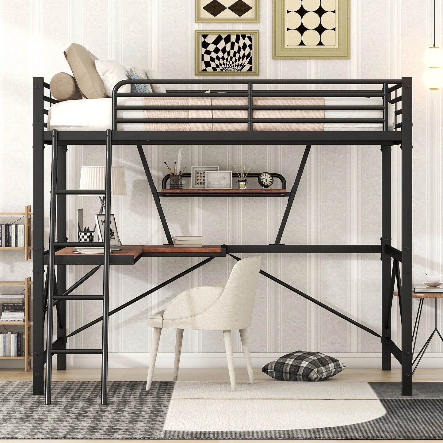 Sesslife Full Loft Bed with Stairs & Safety Guardrail for Kids Teens Adults, Modern Heavy-Duty Metal Bed Frame with Desk and Open Storage Shelf for Bedroom, No Spring Box Needed, Black