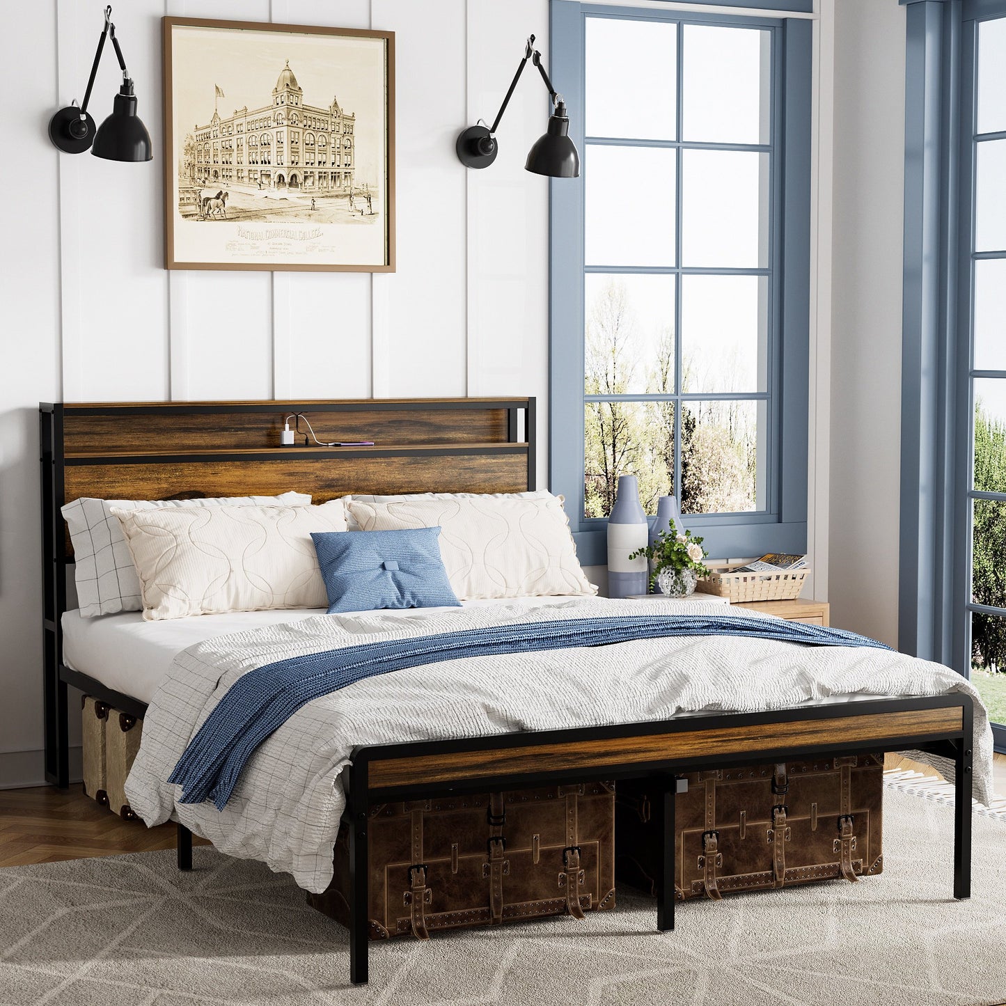 Sesslife Full Size Bed Frame with 2-Tier Wood Headboard, Metal Platform Bed Frame with LED Lights and Charging Station, Modern Bed Frame Full with Large Underbed Storage, No Box Spring Needed, Brown