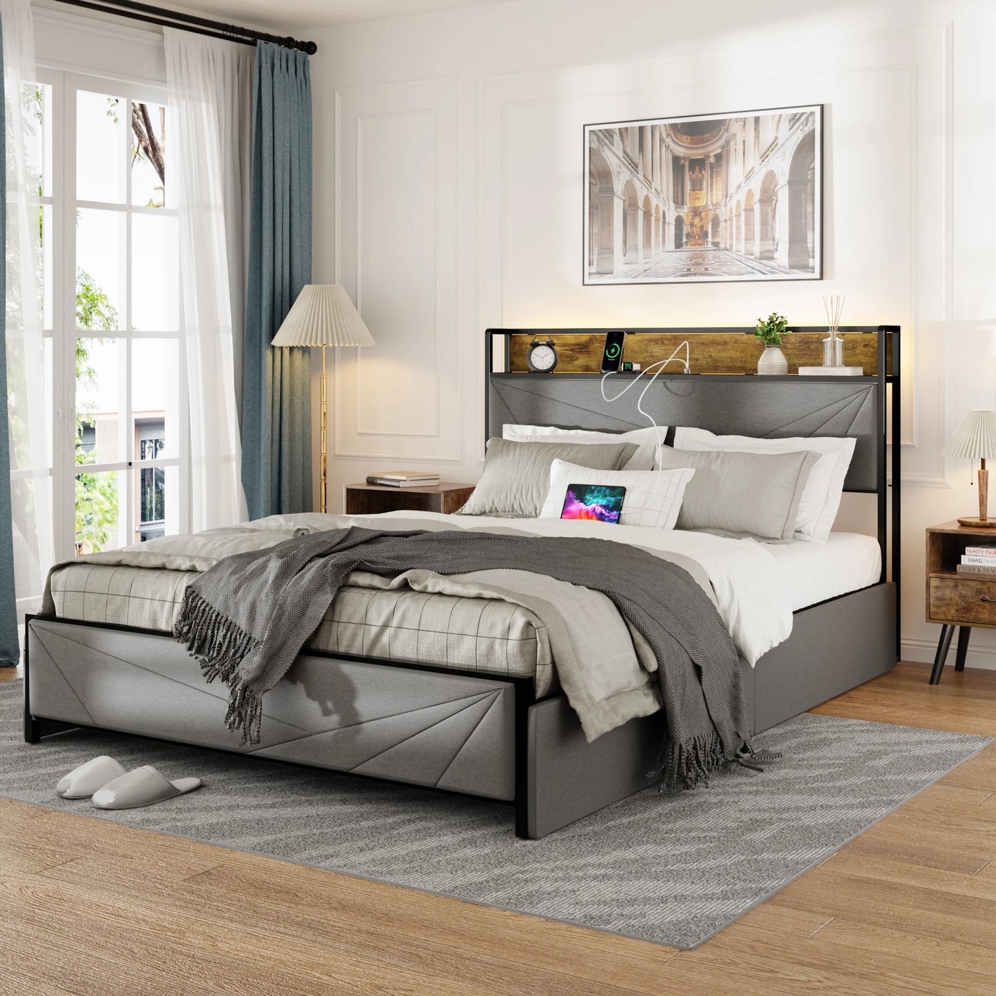 Sesslife Full Size LED Bed, Platform Bed Frame with 2-Tier Headboard and 4 Drawers, Heavy Duty Upholstered Bed with Charging Station, Sturdy Metal Slats Support, No Spring Box Needed, Gray