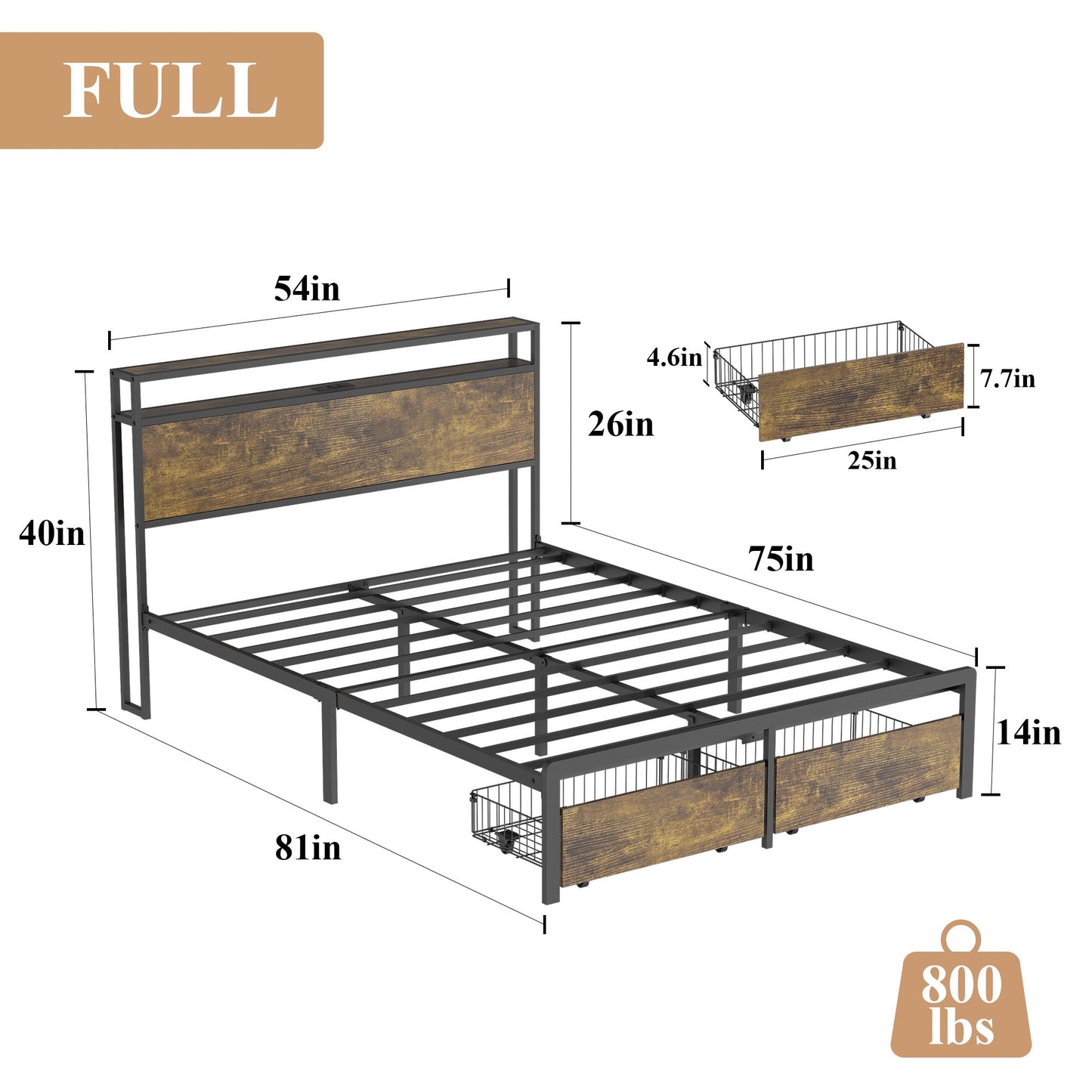 Sesslife LED Full Bed Frame with Storage Headboard and 2 Drawers, Heavy Duty Industrial Metal Platform Bed Full Size with Charging Station, Large Underbed Storage Space, No Box Spring Needed, Brown