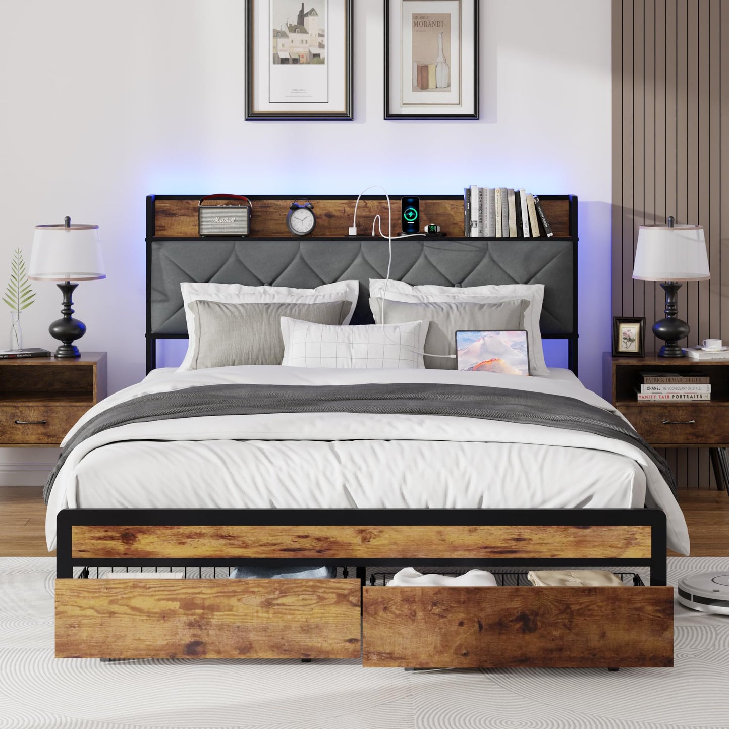 Sesslife Full Bed Frame with LED Tufted Storage Headboard, Industrial Metal Platform Bed with 2 Drawers and Charging Station, Large Under Bed Storage, Noise Free, No Box Spring Needed, Brown