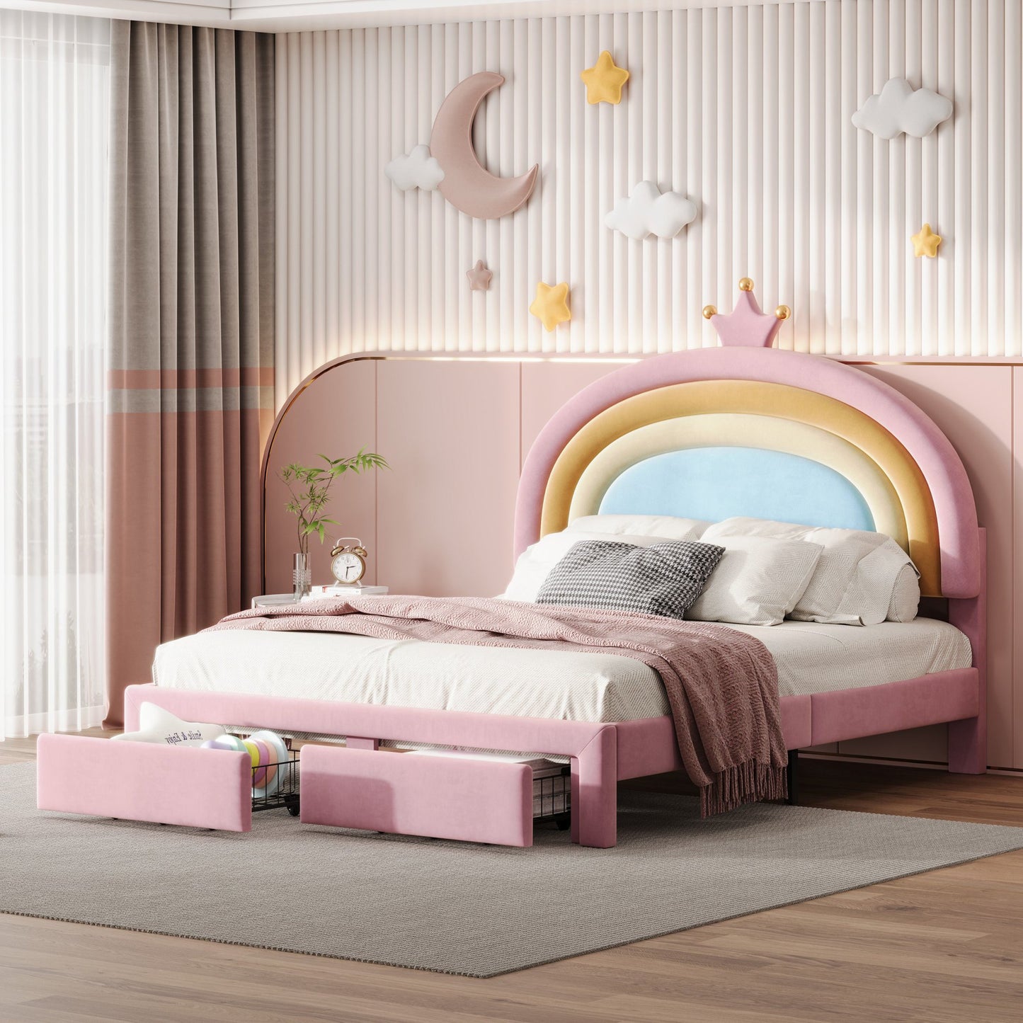 Sesslife Full Size Bed Frame with Velvet Rainbow Shape Headboard, Upholstered Platform Bed with 2 Storage Drawers for Girls, Wood Bed Frame with Strong Slats Support, No Box Spring Needed, Pink
